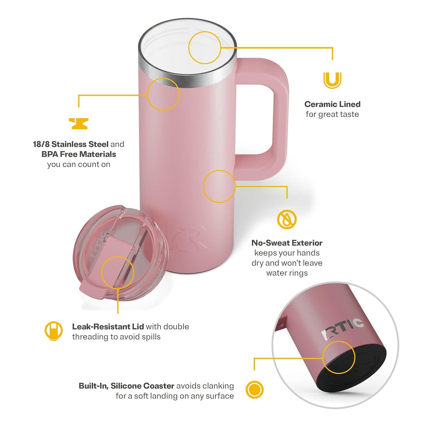 RTIC 20 oz Ceramic Lined Insulated Road Trip Travel Mug, Leak-Resistant Lid, Dusty Rose