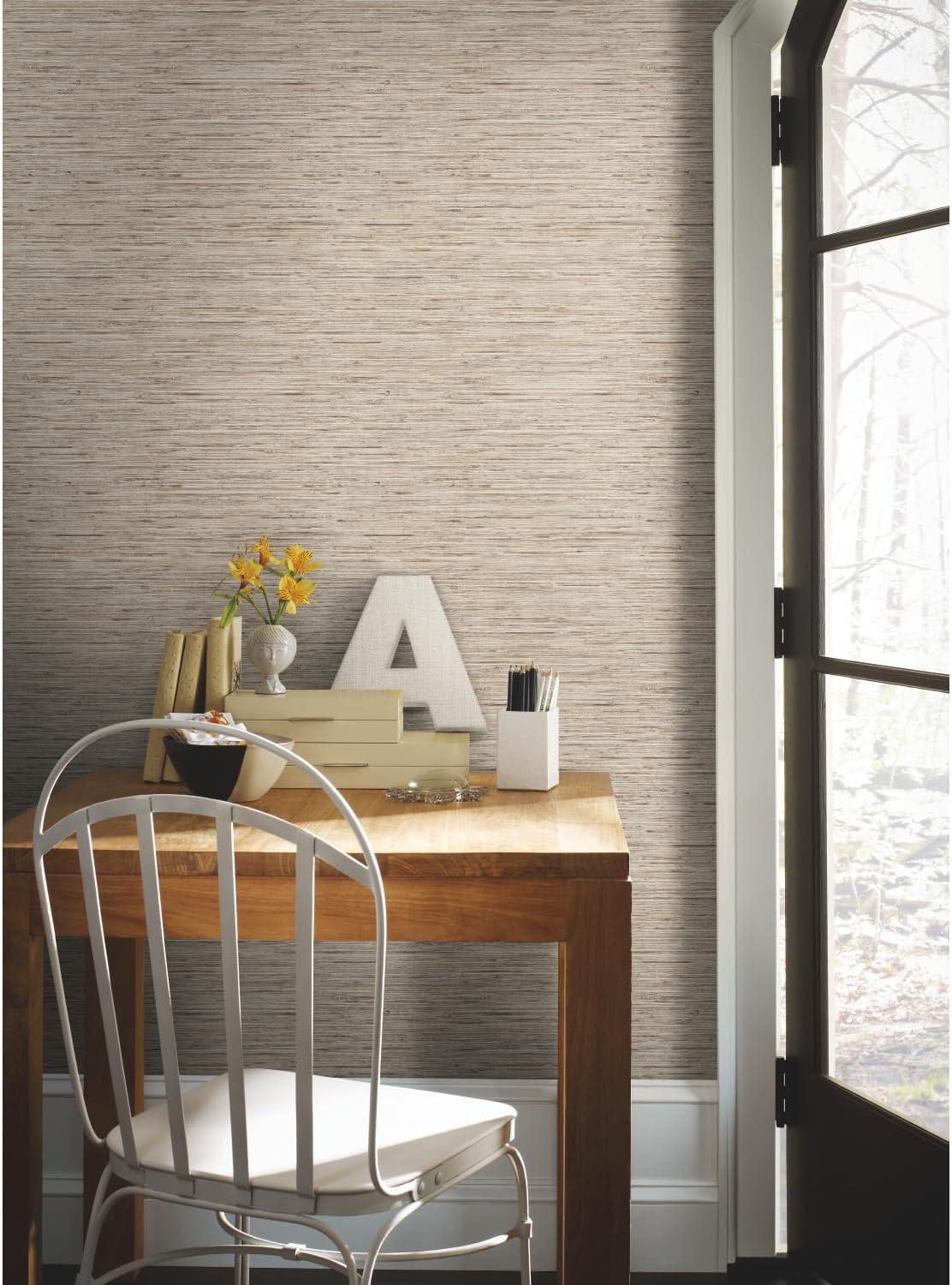 RoomMates Grasscloth Peel & Stick Wallpaper Brown: Vinyl, Self-Adhesive, Removable, Modern Stripe Design, 28.2 Sq Ft Coverage