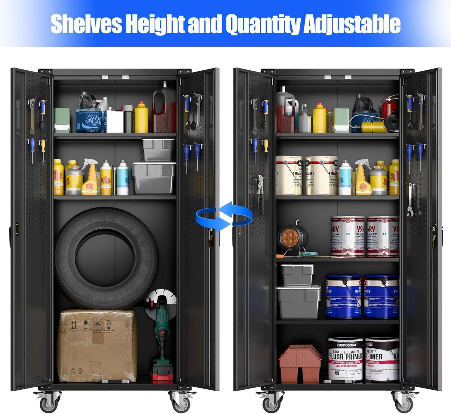 AOBABO 72 Inch Locking Metal Garage Storage Cabinet with Universal Rubber Wheels with Lockable Casters, Pegboards, and Magnetic Doors, Black