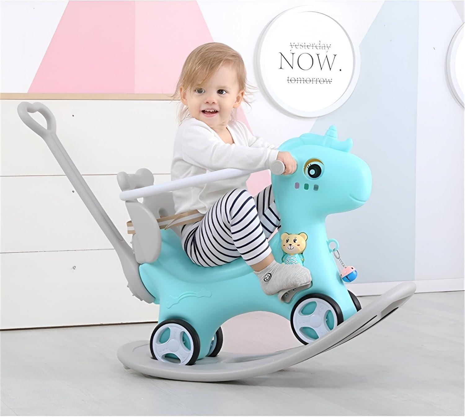 MONTARY Rocking Horse for Toddlers 1-3 Years, 4 in 1 Baby Rocking Horse Toy Fun Birthday Gift, Ride on Toys for Boys with Balance Bike Push Cart Detachable Balance Board