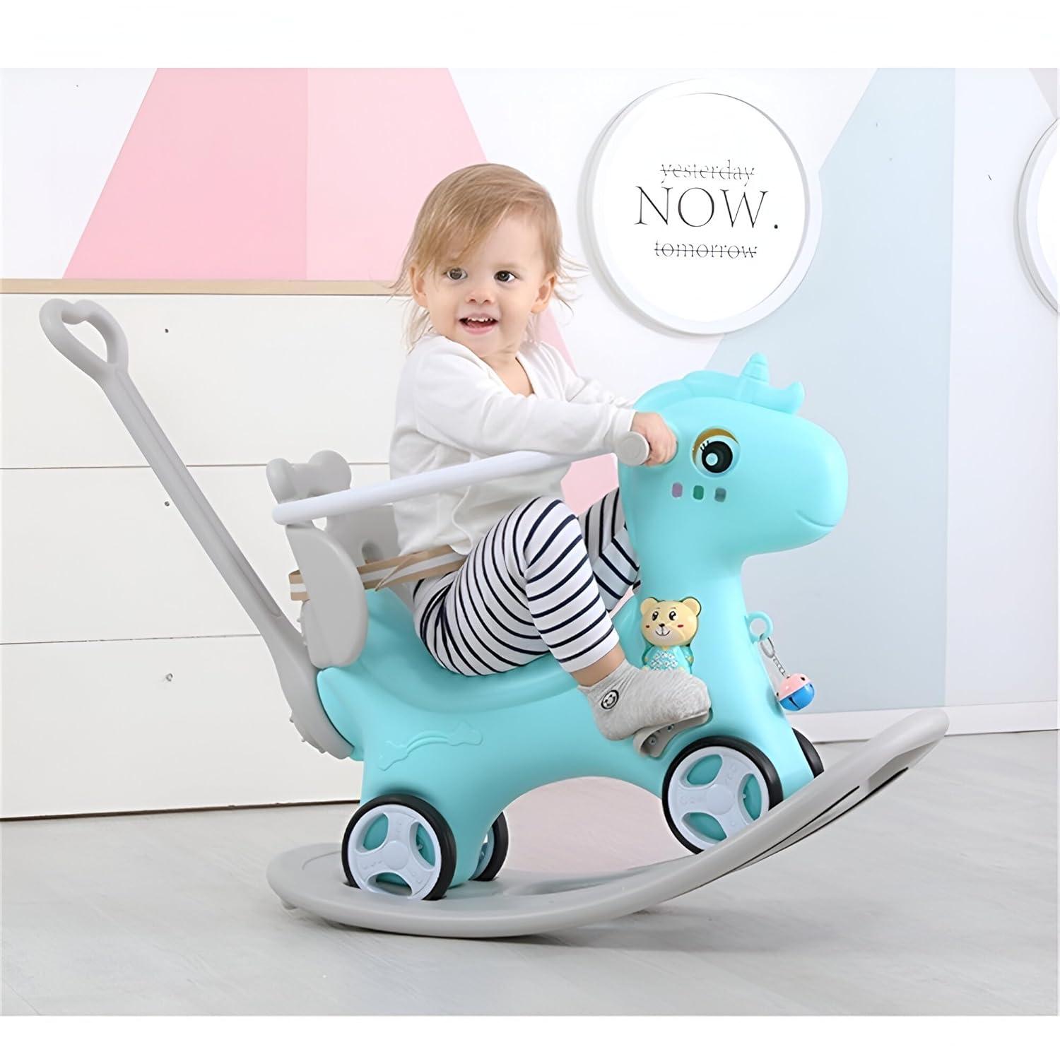 Rocking Horse for Toddlers 1-3 Years,4 in 1 Design, Kids Ride on Toy Balance Bike Push Cart with Detachable Balance Board,Fun Birthday Gift-Blue