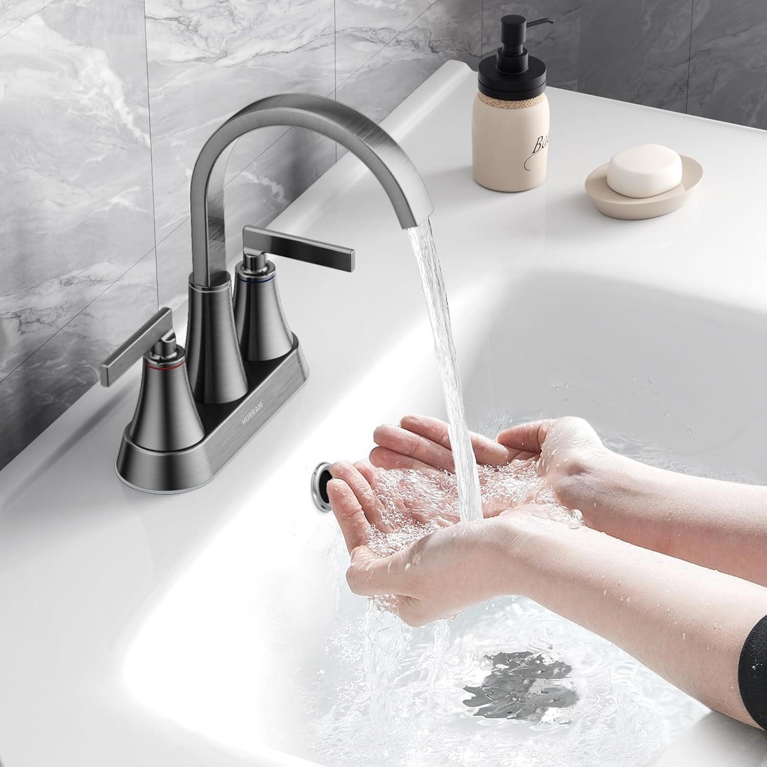 4 Inch Bathroom Faucets for Sink 3 Hole, Faucet for Bathroom Sink with Pop-up Drain & Supply Hoses, 2-Handle 360 Swivel Spout Stainless Steel Lead-Free, Centerset Faucet for Vanity Lavatory