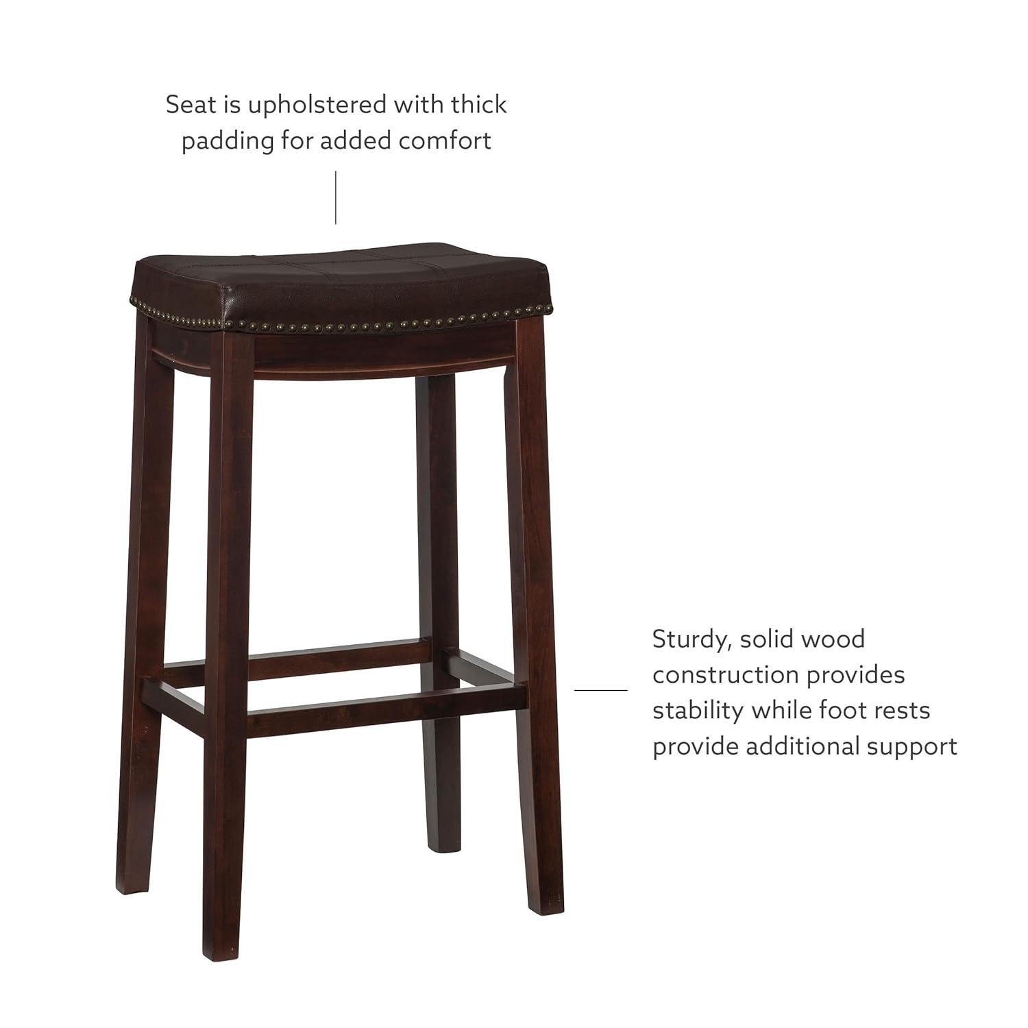 Linon Claridge Backless Wood Bar Stool, 32" Seat Height, Dark Brown Finish with Brown Faux Leather Fabric