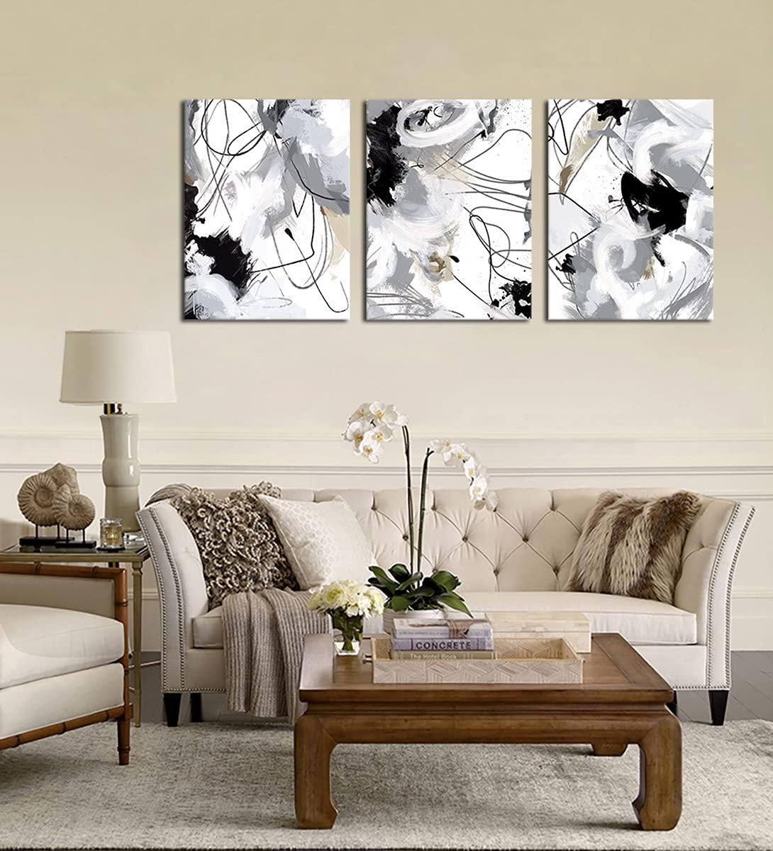 Abstract Canvas Wall Art for Bedroom Bathroom Living Room Wall Decor Black White Grey Modern Abstract Canvas Pictures Abstract Prints Artwork Home Office Wall Decoration 12" x 16" x 3 Pieces