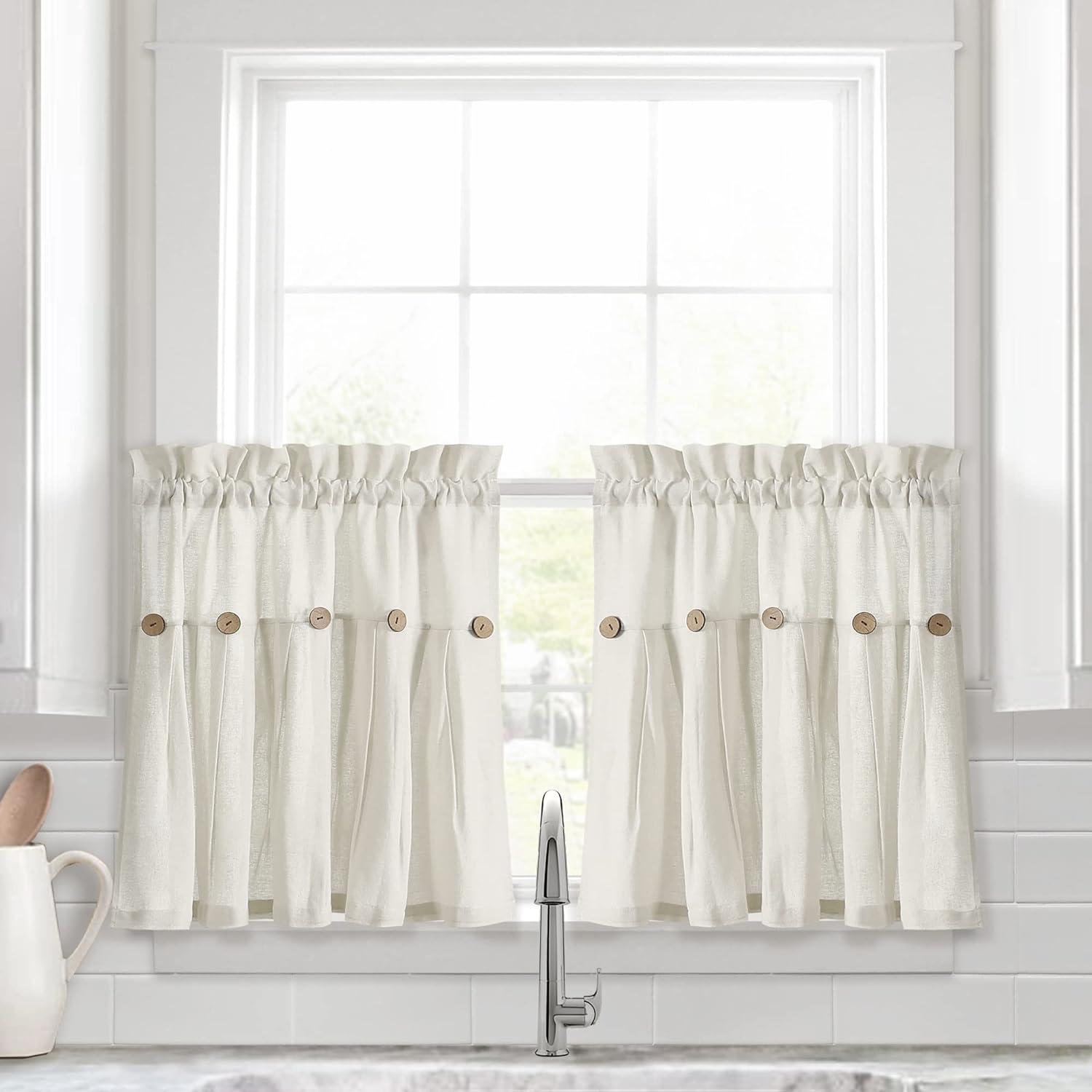 Lush Decor Linen Button Cotton Blend Tailored 29'' W Cafe Curtain (Set of 2)