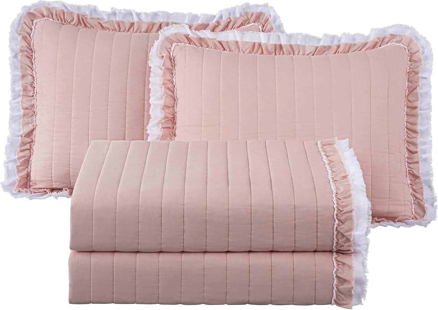 Chezmoi Collection Bonnie 2-Piece 100% Cotton Quilt Set Twin Size, Blush - Double Frayed Ruffled Edge Lightweight Pre-Washed Soft-Finished Cotton Bedspread for All Season