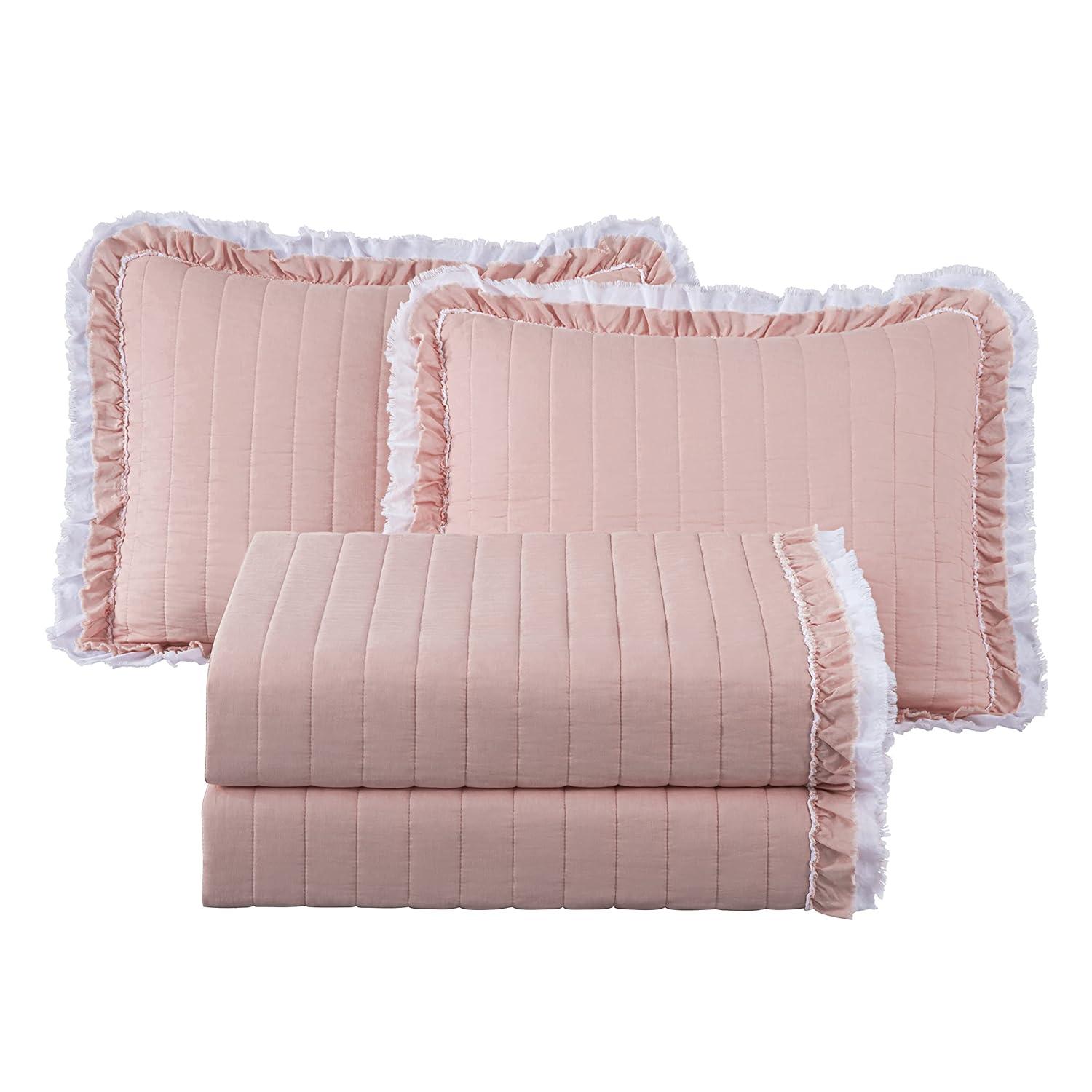 Chezmoi Collection Bonnie Double Frayed Ruffled Edge Cotton Quilt Set