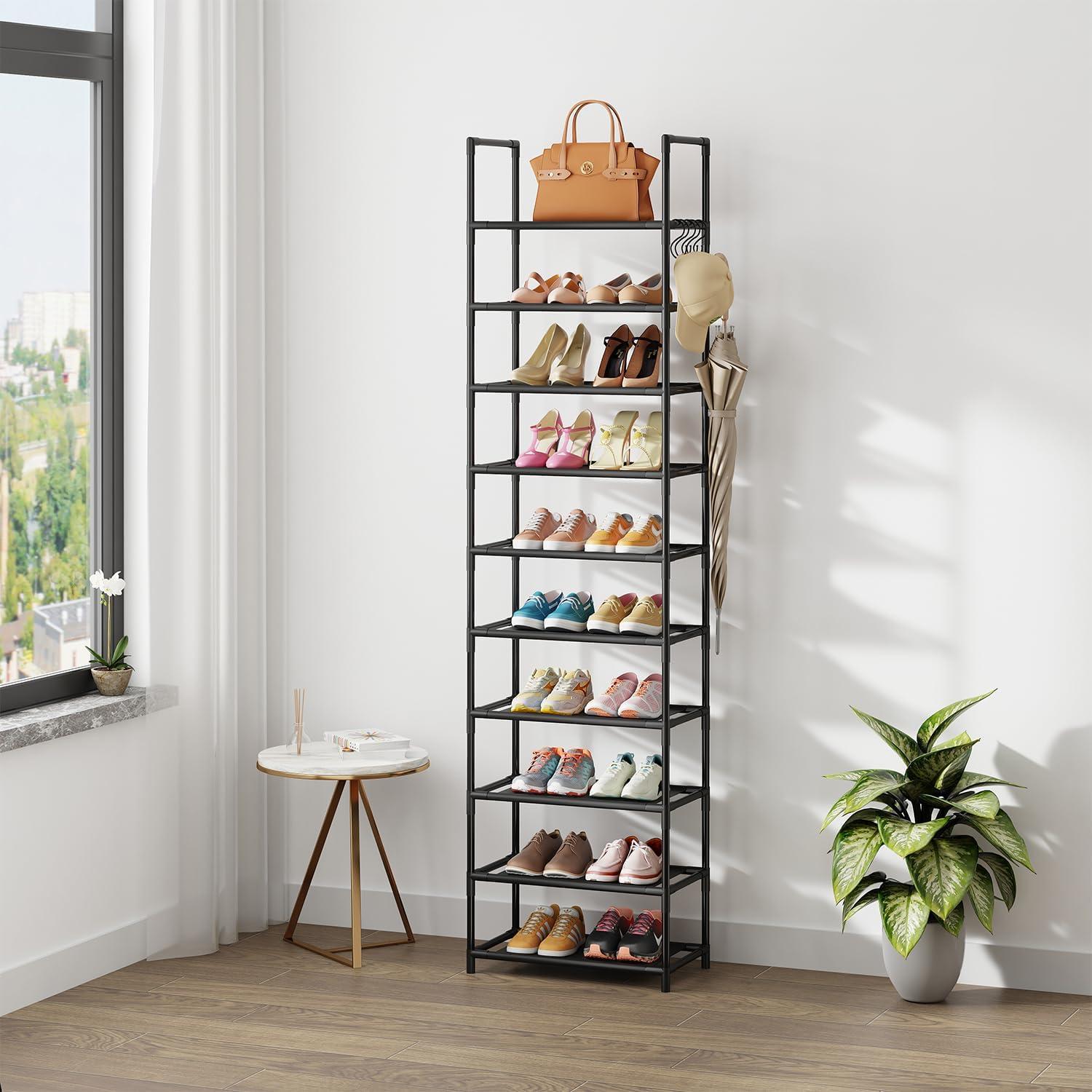 10 Tier Metal Shoes Rack, BUG HULL Narrow Stackable Shoes Shelf with Hooks, Shoe Tower for 20-24 Pairs Shoe and Boots Organizer, Black