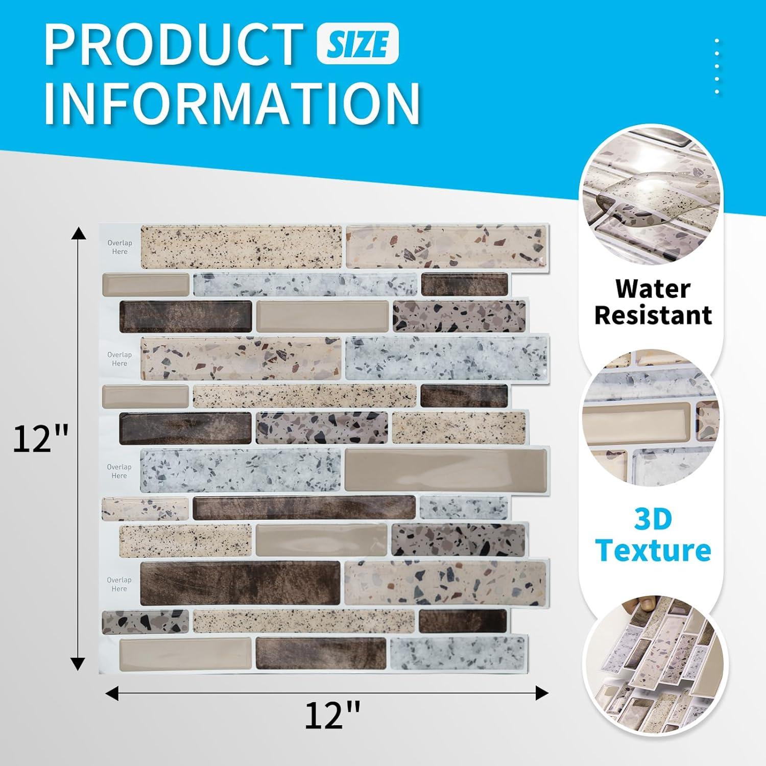 Art3d Peel and Stick Backsplash Tiles for Kitchen, 10-Sheet Stick on Wall Tiles for Kitchen Bathroom Laundry Room Back Splashes, 12 x 12 Inch, Brown Stone Design