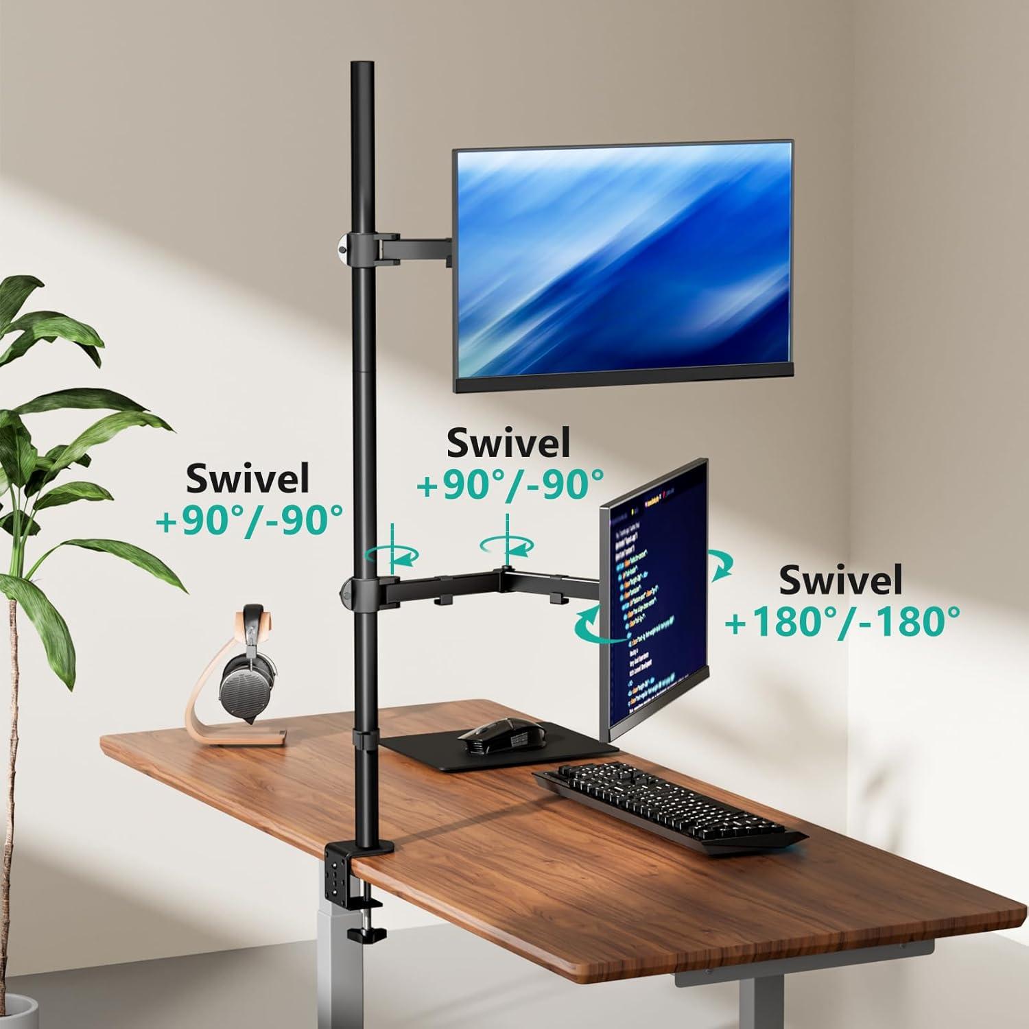 Black Dual Vertical Monitor Desk Mount with Adjustable Arms