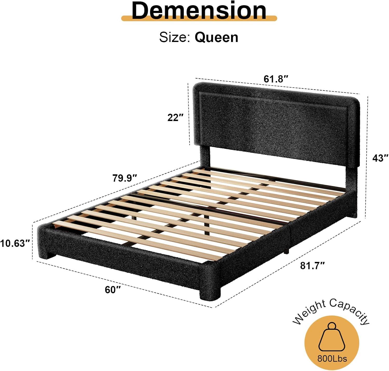 Queen Size Boucle Bed Frame, Upholstered Cloud Bed Frame with Adjustable Headboard, Soft Rounded Corners, No Box Spring Required, Easy Assembly, Black