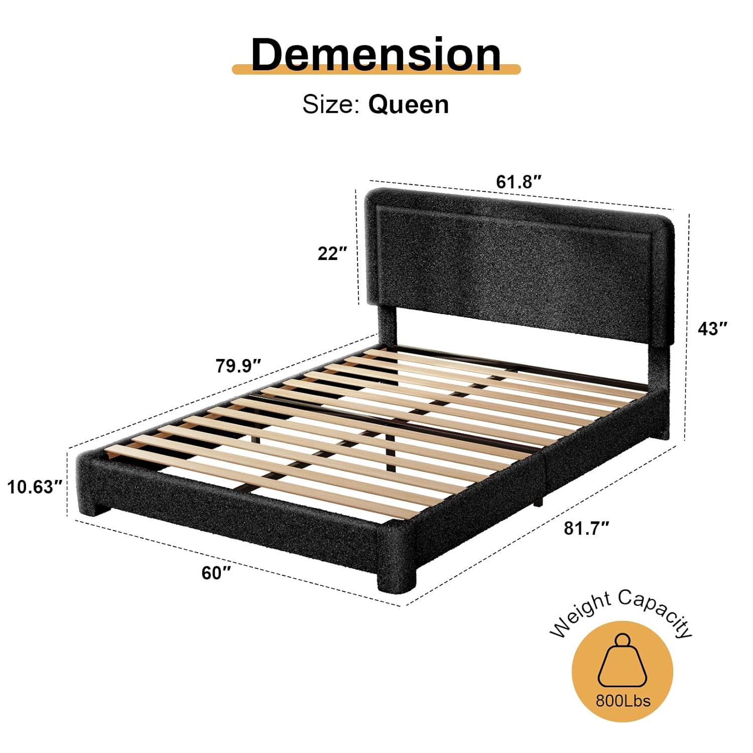Queen Size Boucle Bed Frame, Upholstered Cloud Bed Frame with Adjustable Headboard, Soft Rounded Corners, No Box Spring Required, Easy Assembly, Black