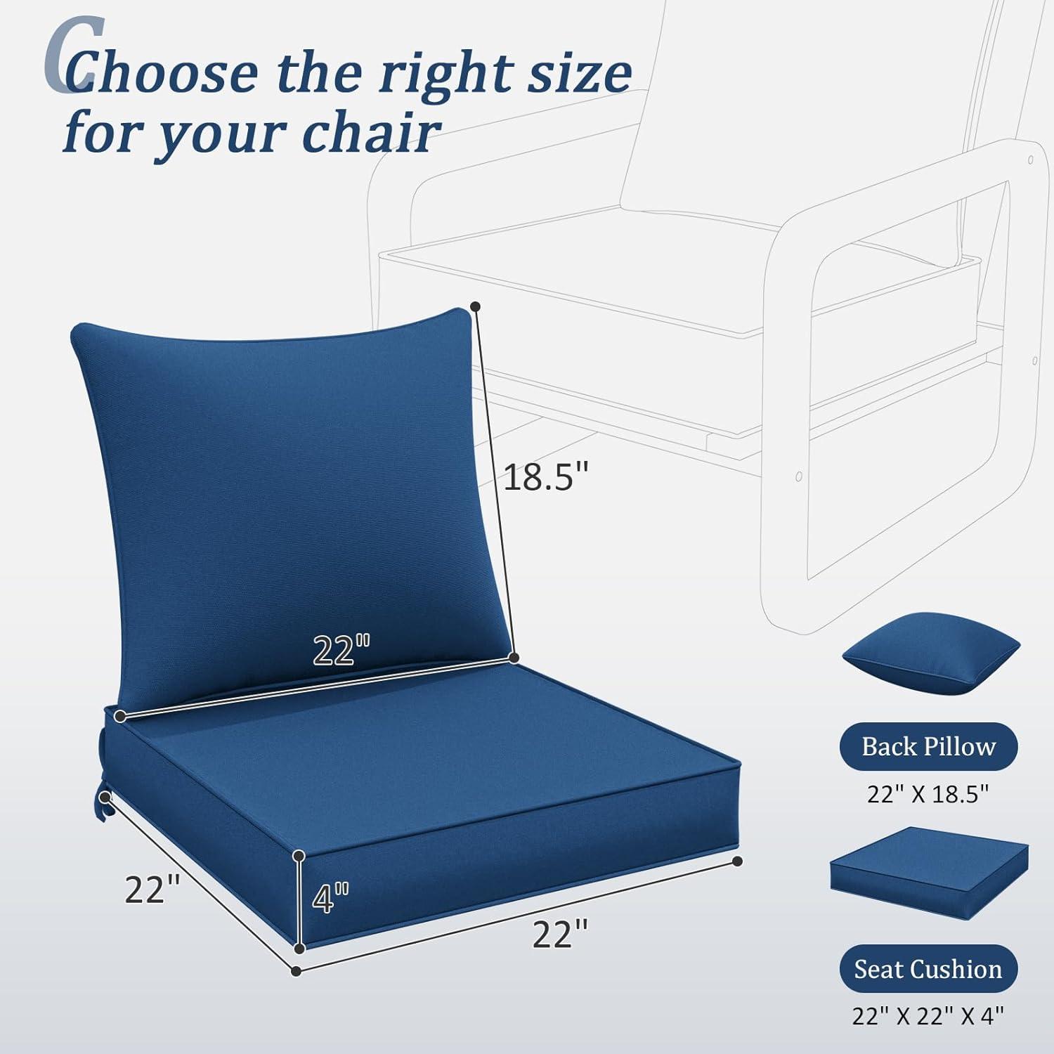 Outdoor Patio Chair Cushions Set 22 L X 22 W X 4 H Waterproof & Fade Resistant Deep Seat and Back Cushions with Removable Covers Outdoor Seat Cushion Set for Chairs and Sofas