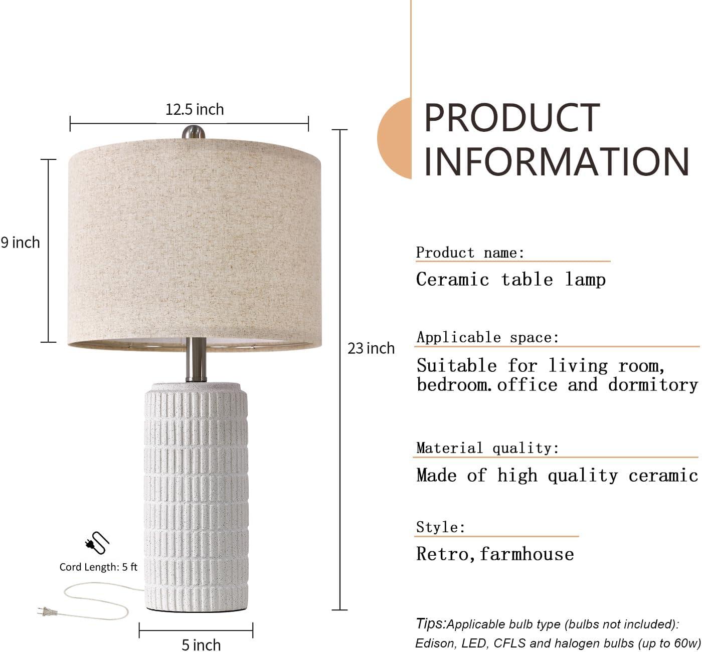 23" Modern Ceramic Table Lamp Set of 2 for Living Room White Desk Lamps for Bedroom Farmhouse Bedside Nightstand Bedside Lamp End Table Lamps Beige