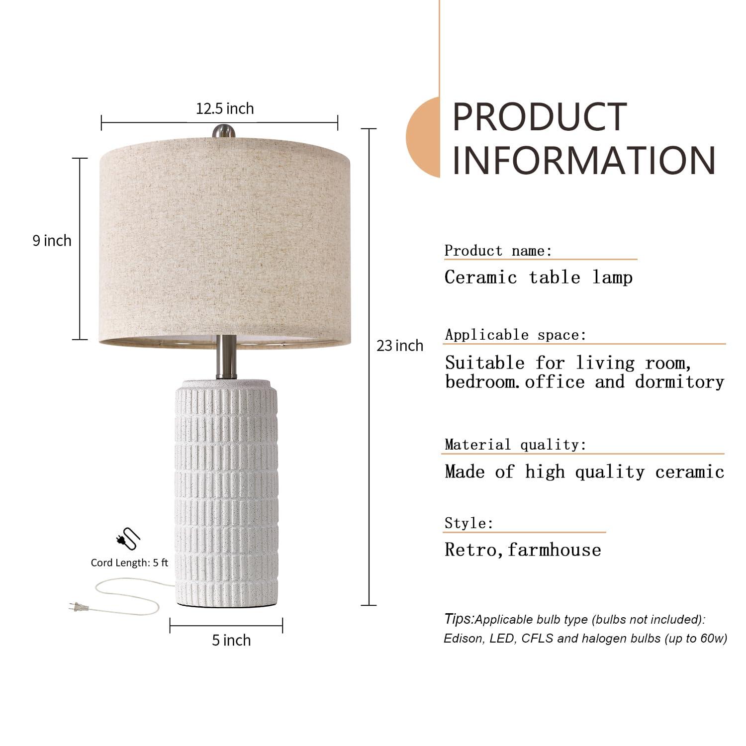 23" Modern Ceramic Table Lamp Set of 2 for Living Room White Desk Lamps for Bedroom Farmhouse Bedside Nightstand Bedside Lamp End Table Lamps Beige