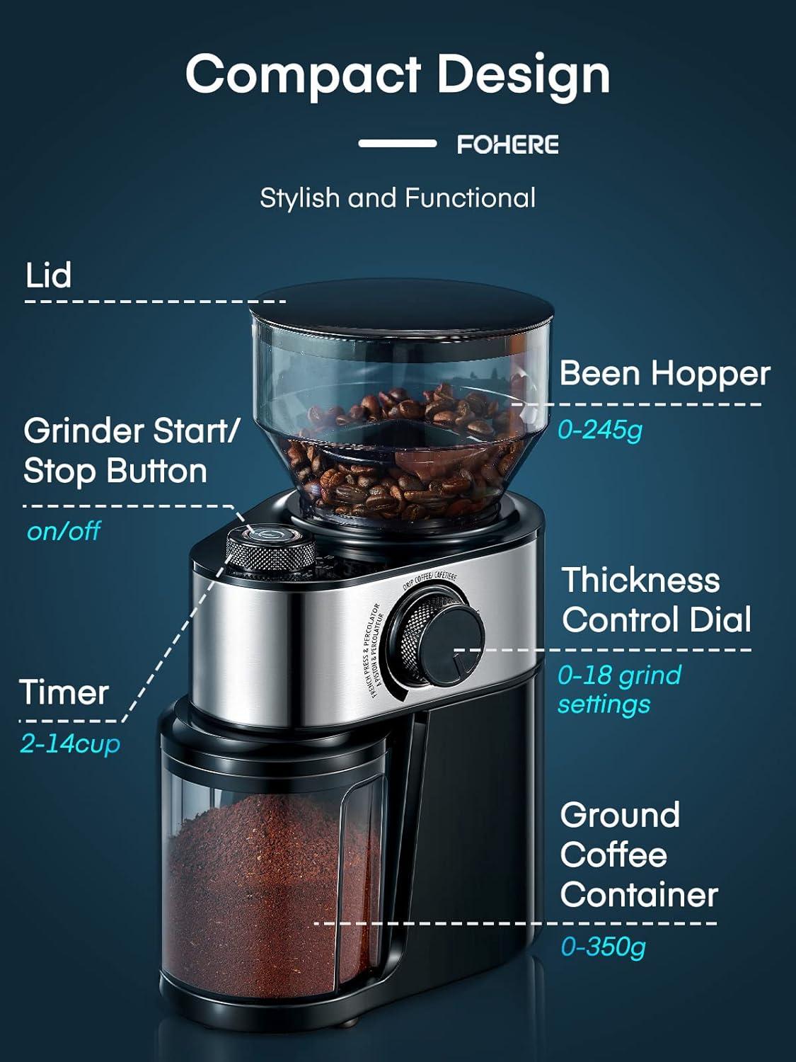 Stainless Steel Electric Burr Coffee Grinder with Adjustable Grind Settings