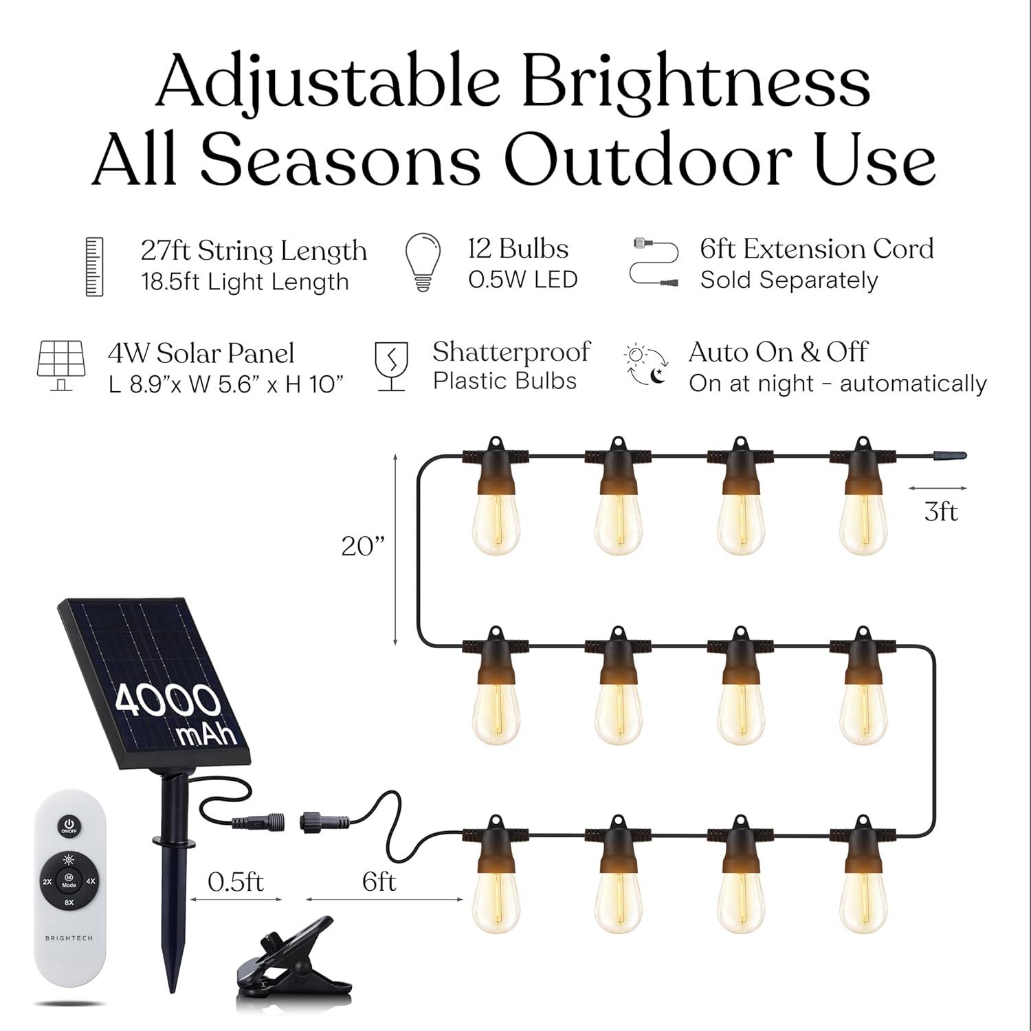 Brightech Ambience Pro Solar Powered Outdoor String Lights -27 ft Commercial Grade Waterproof Edison Patio Lights, Shatterproof LED String Lights for Outside, Porch - 12 Bulbs, 1W Soft White