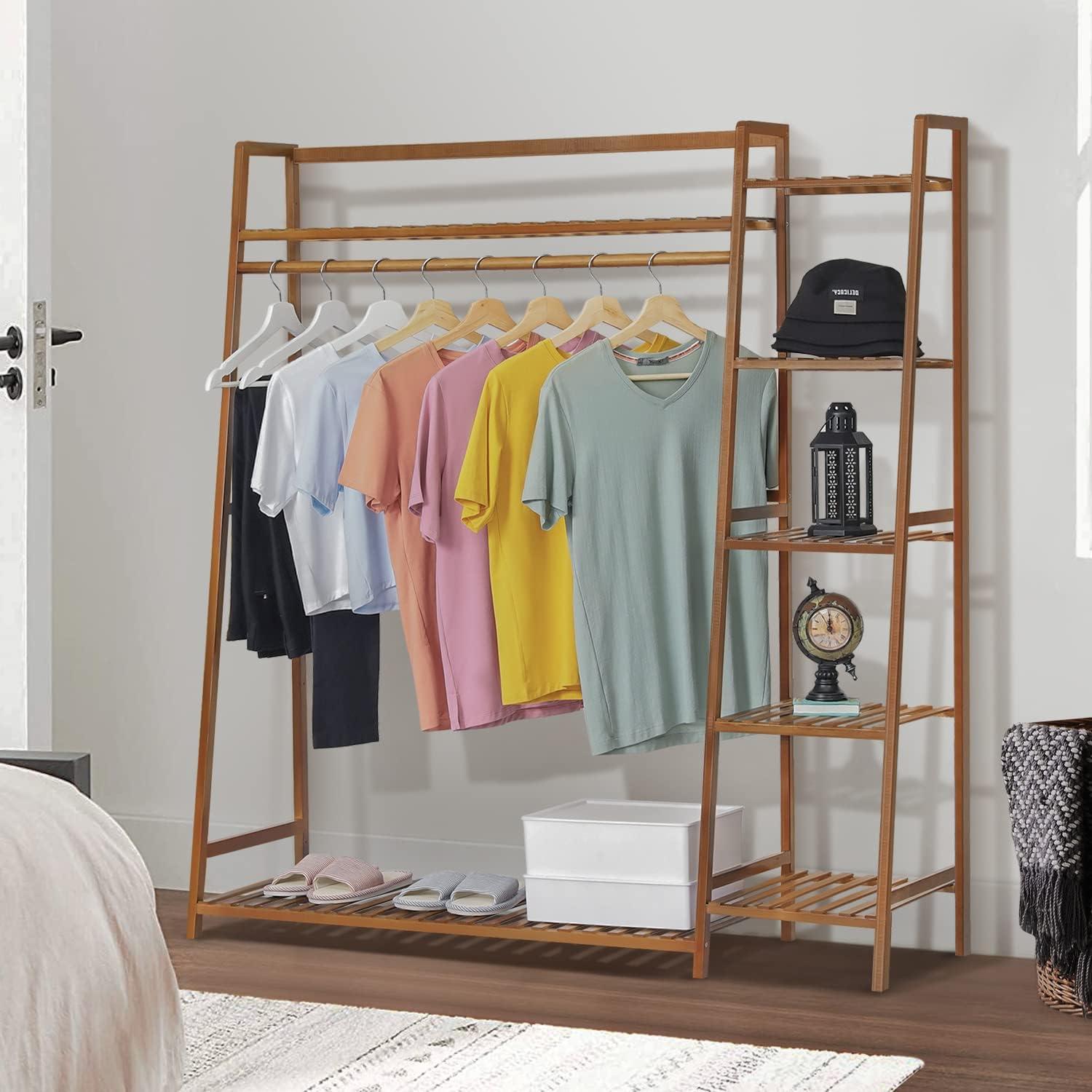 MoNiBloom Bamboo Garment Rack with 5-Tier Storage Shelves Trapezoid Multi-Functional Garment Rack, Clothes Hanging Rack Stand for Bedroom Living Room, Natural