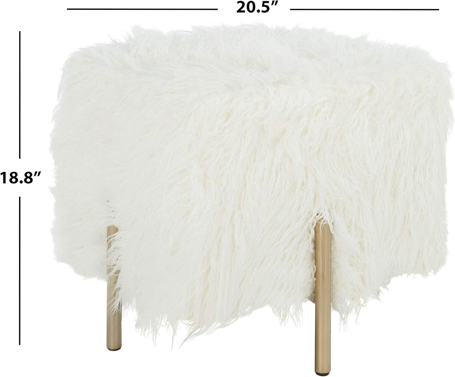 Momina Faux Fur Square Ottoman - White/Brass - Safavieh