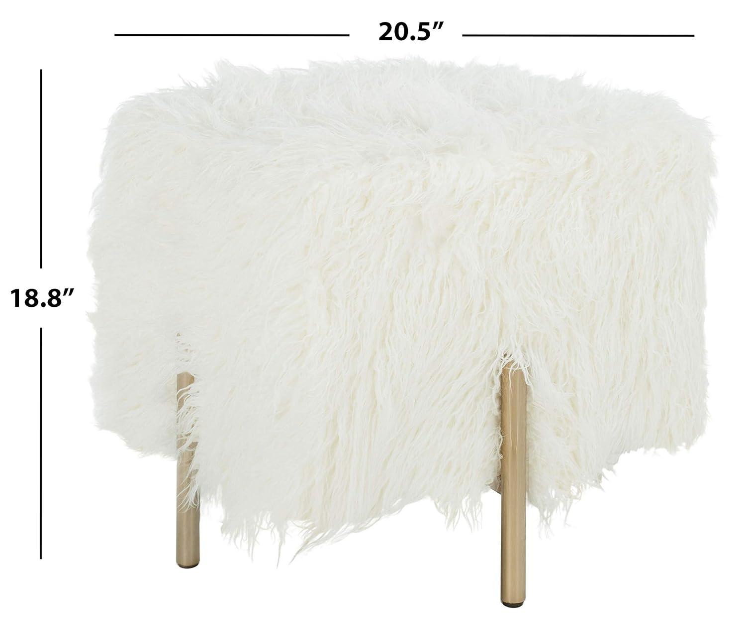 Momina Faux Fur Square Ottoman - White/Brass - Safavieh