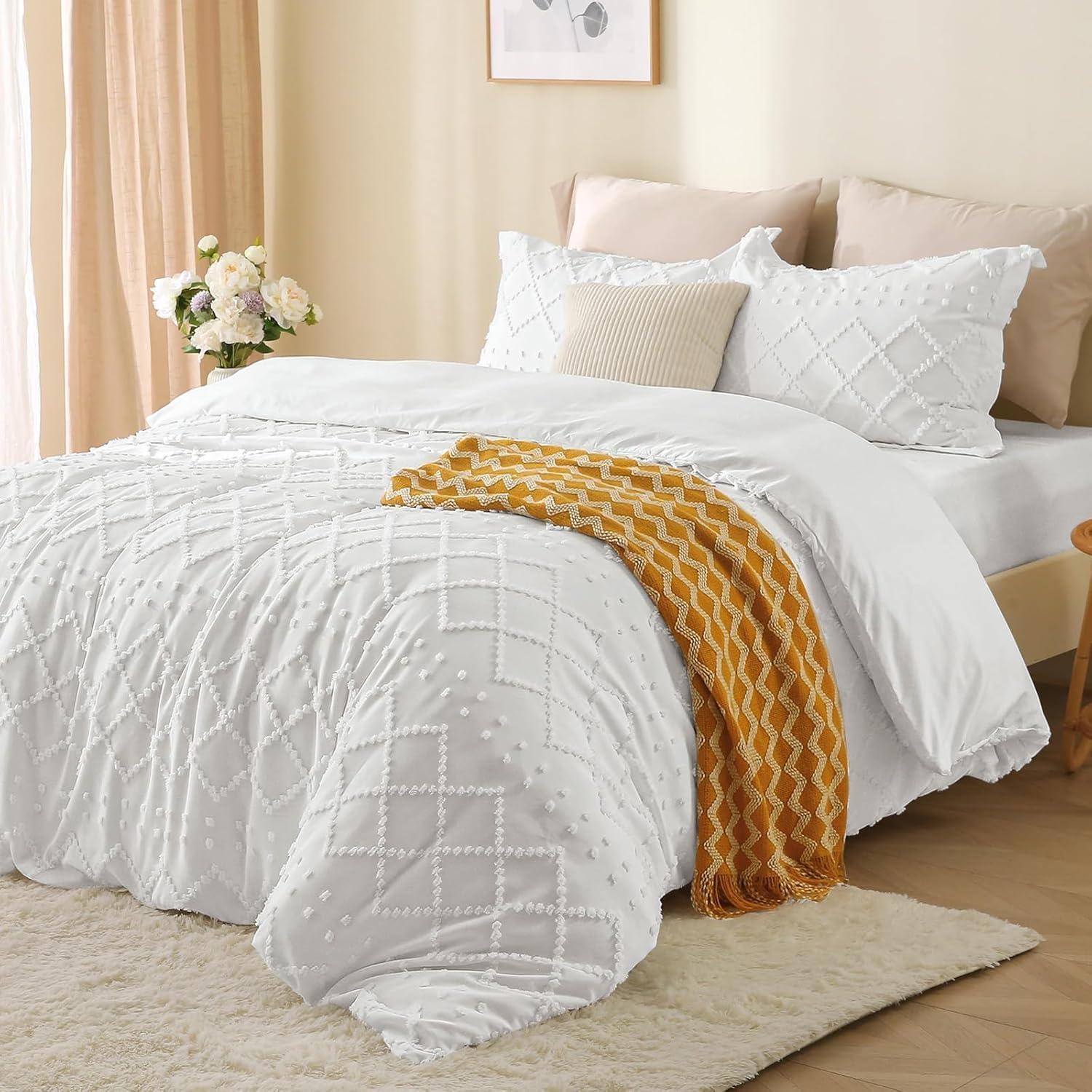 Mustard Yellow Tufted Embroidery Queen Duvet Cover Set