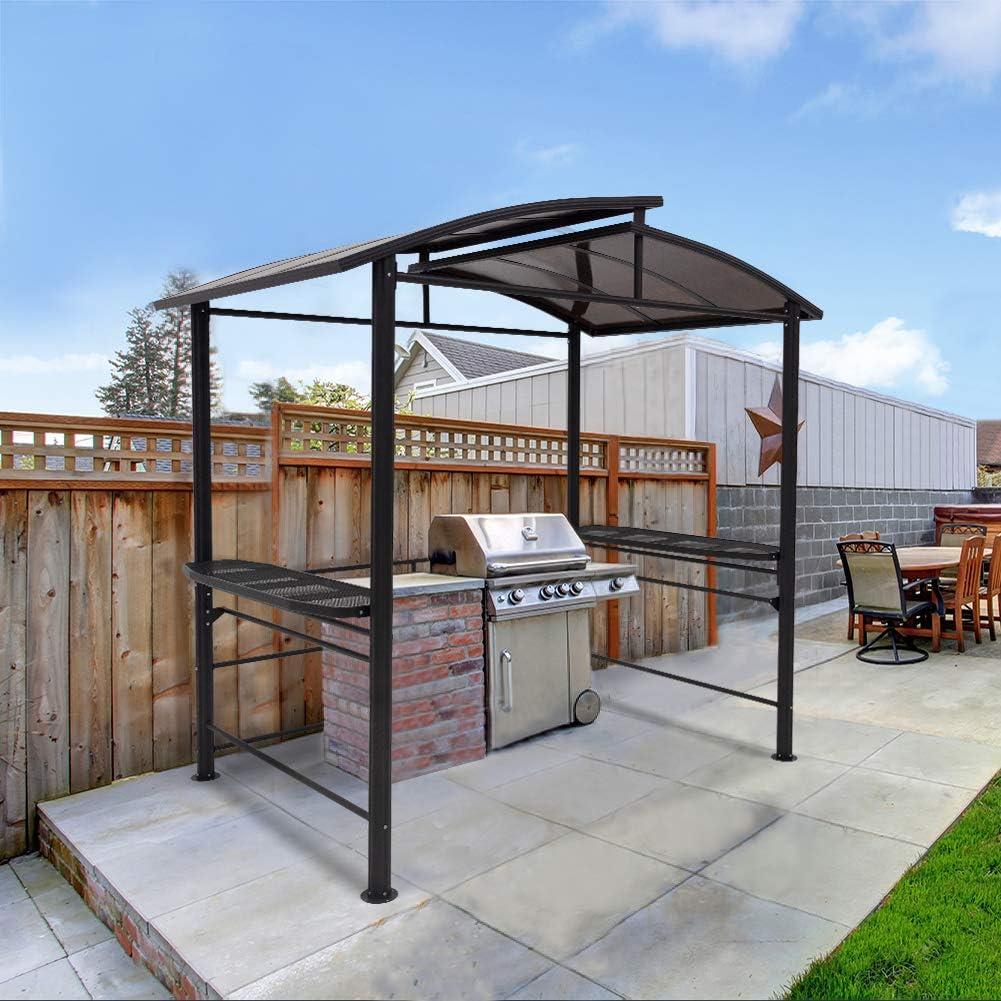 COOS BAY 8'x5' BBQ Grill Gazebo Outdoor Backyard Steel Frame Double-Tier Polycarbonate Top Canopy with Shelves Serving Tables