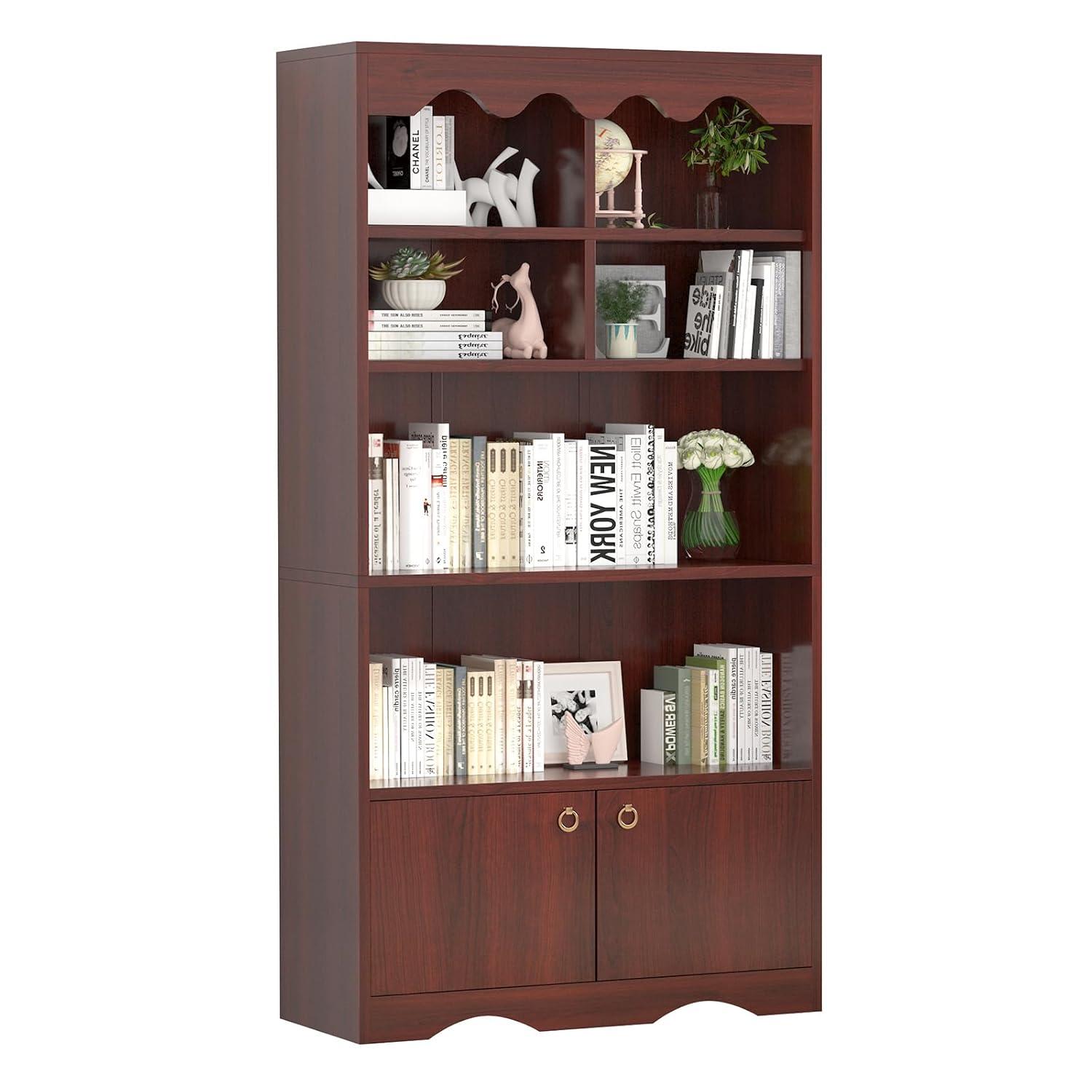 Bookshelf 5 Tier Open, Bookcase Modern with Doors, Wood Bookcase Storage Organizer Shelf, 63 inch Storage Shelves for Bedroom Living Room Office