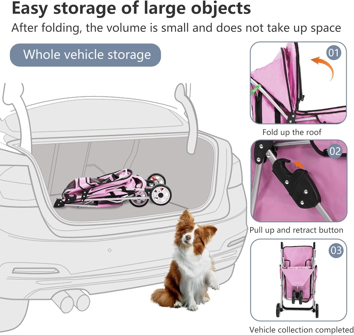 Pink 3-Wheel Foldable Waterproof Dog Stroller with Storage