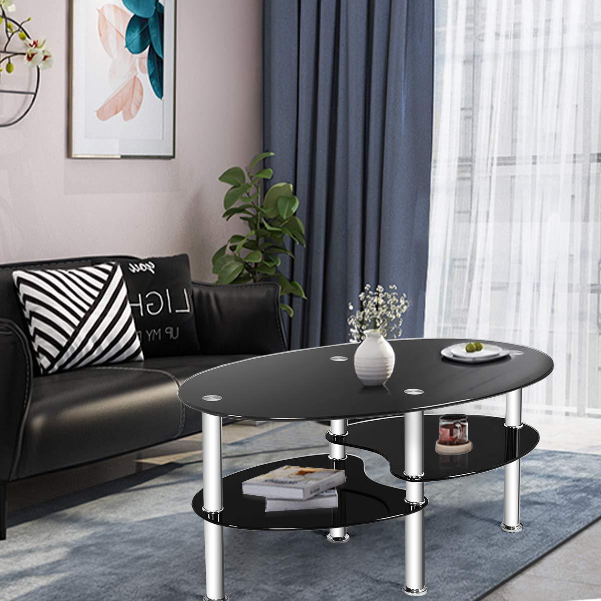 Costway Tempered Glass Oval Side Coffee Table Shelf Chrome Base Living Room Black