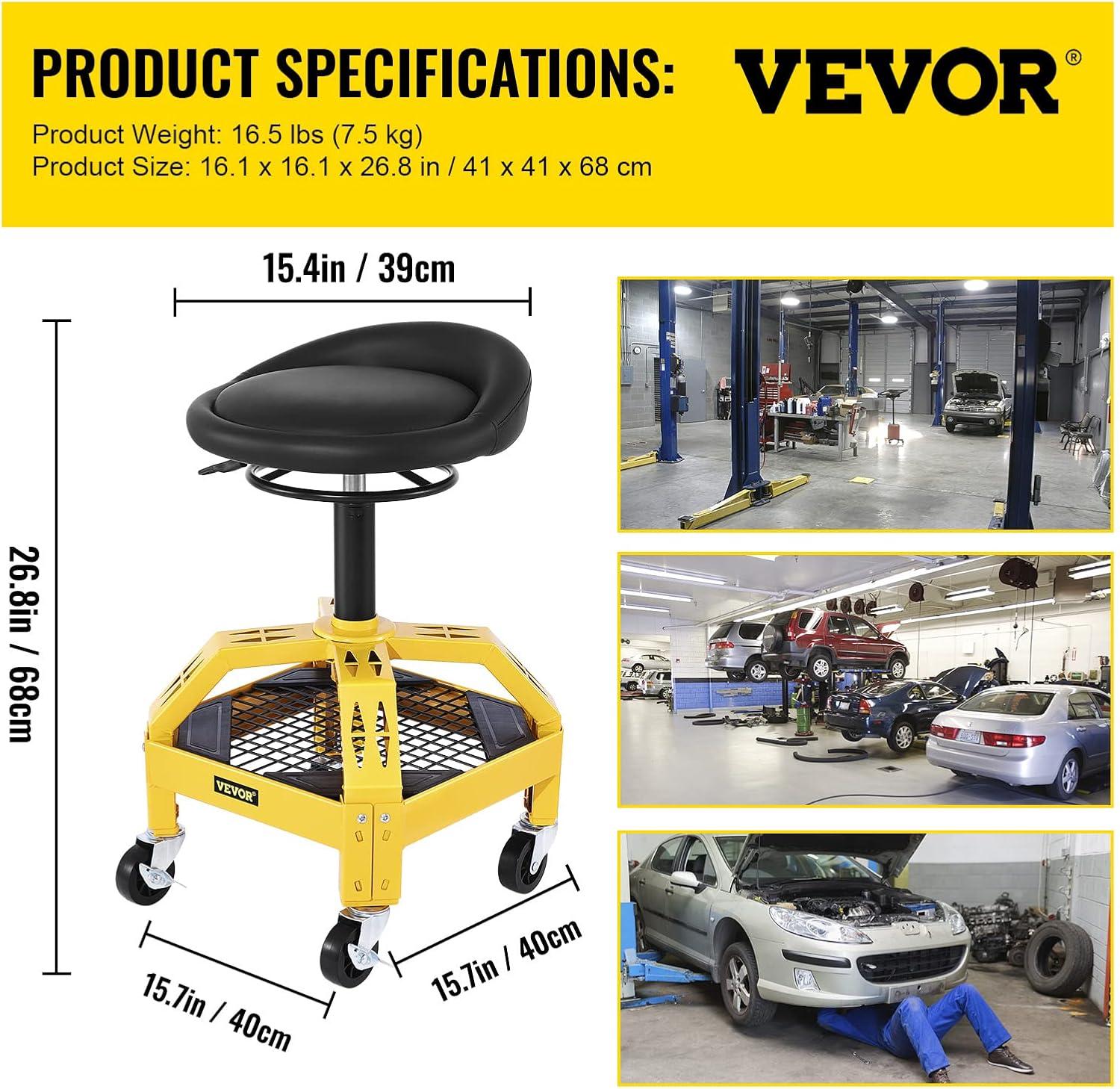 VEVORbrand Rolling Garage Stool, 300lbs Capacity, Adjustable Height from 24 in to 28.7 in, Mechanic Seat with 360-Degree Swivel Wheels and Tool Tray, for Workshop, Auto Repair Shop, Yellow