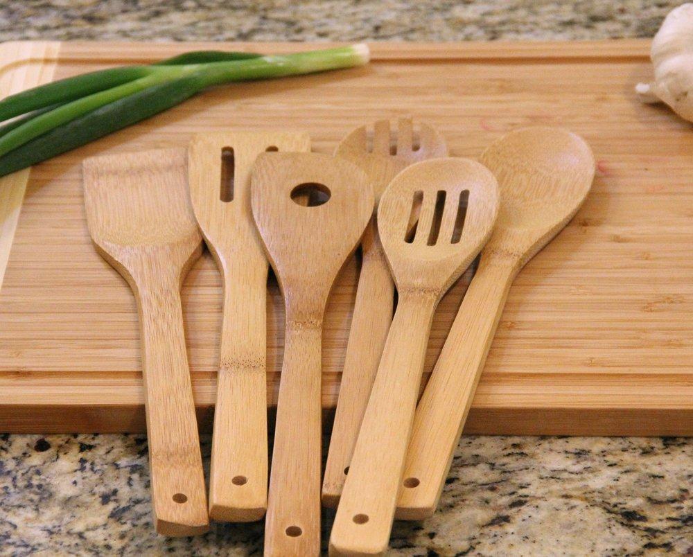Oliva Italiana 7-Piece Bamboo Kitchen Utensil Set with Holder – Eco-Friendly, 100% Organic Bamboo Wooden Cooking Spoons, Spatula, Ladle, Turner & Pasta Server with Ergonomic Handles