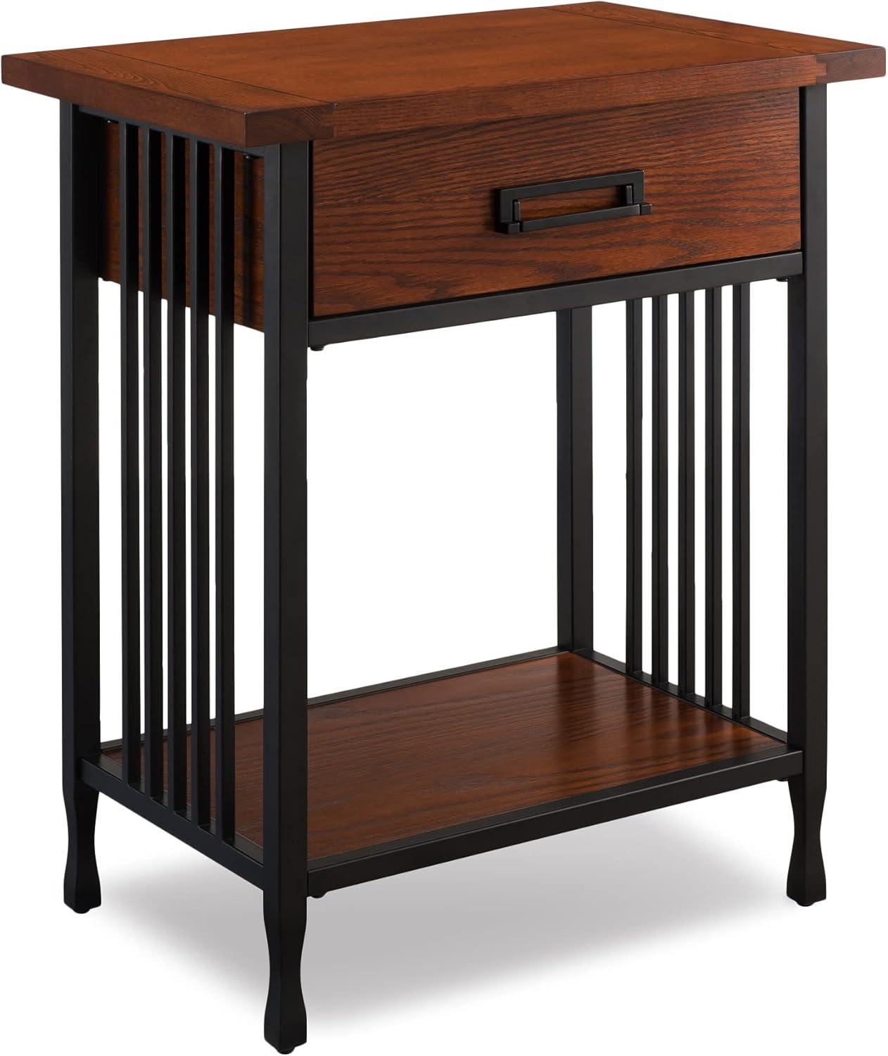 Mission Oak and Matte Black Metal 1-Drawer Nightstand