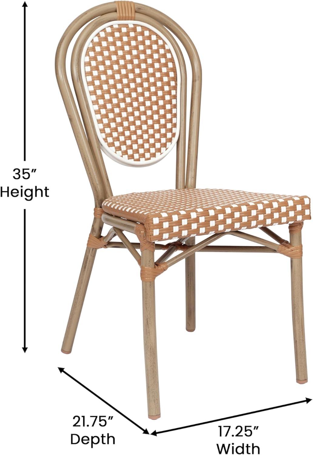 Flash Furniture 4 PK Lourdes Indoor/Outdoor Commercial Thonet Bistro Stack Chair, Natural/White PE Rattan & Bamboo Print Aluminum Frame in Light Nat