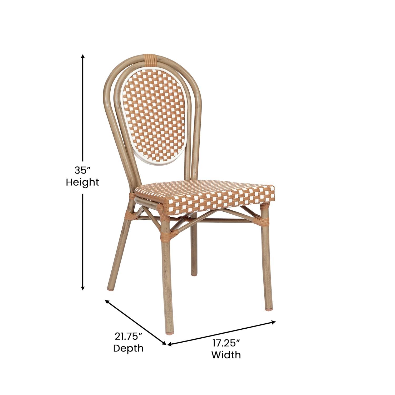 Flash Furniture 4 PK Lourdes Indoor/Outdoor Commercial Thonet Bistro Stack Chair, Natural/White PE Rattan & Bamboo Print Aluminum Frame in Light Nat