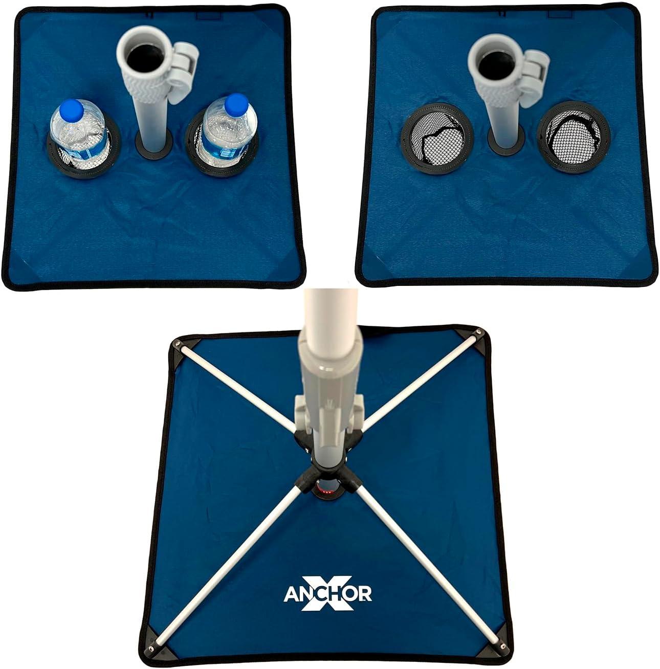 7 ft Fiberglass Tommy Bahama Beach Umbrella for Sand with Folding Anchor Base, Integrated Table, Telescopic Aluminum Pole, UPF 50+, Tilt