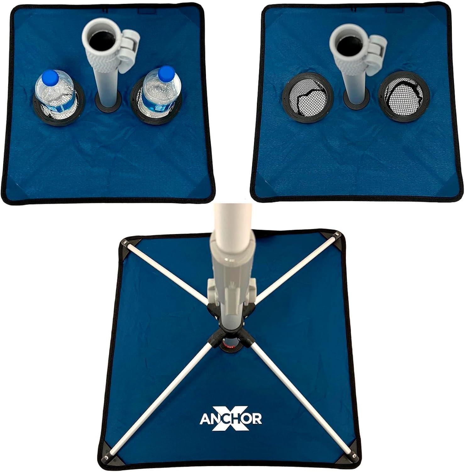 7 ft Fiberglass Tommy Bahama Beach Umbrella for Sand with Folding Anchor Base, Integrated Table, Telescopic Aluminum Pole, UPF 50+, Tilt