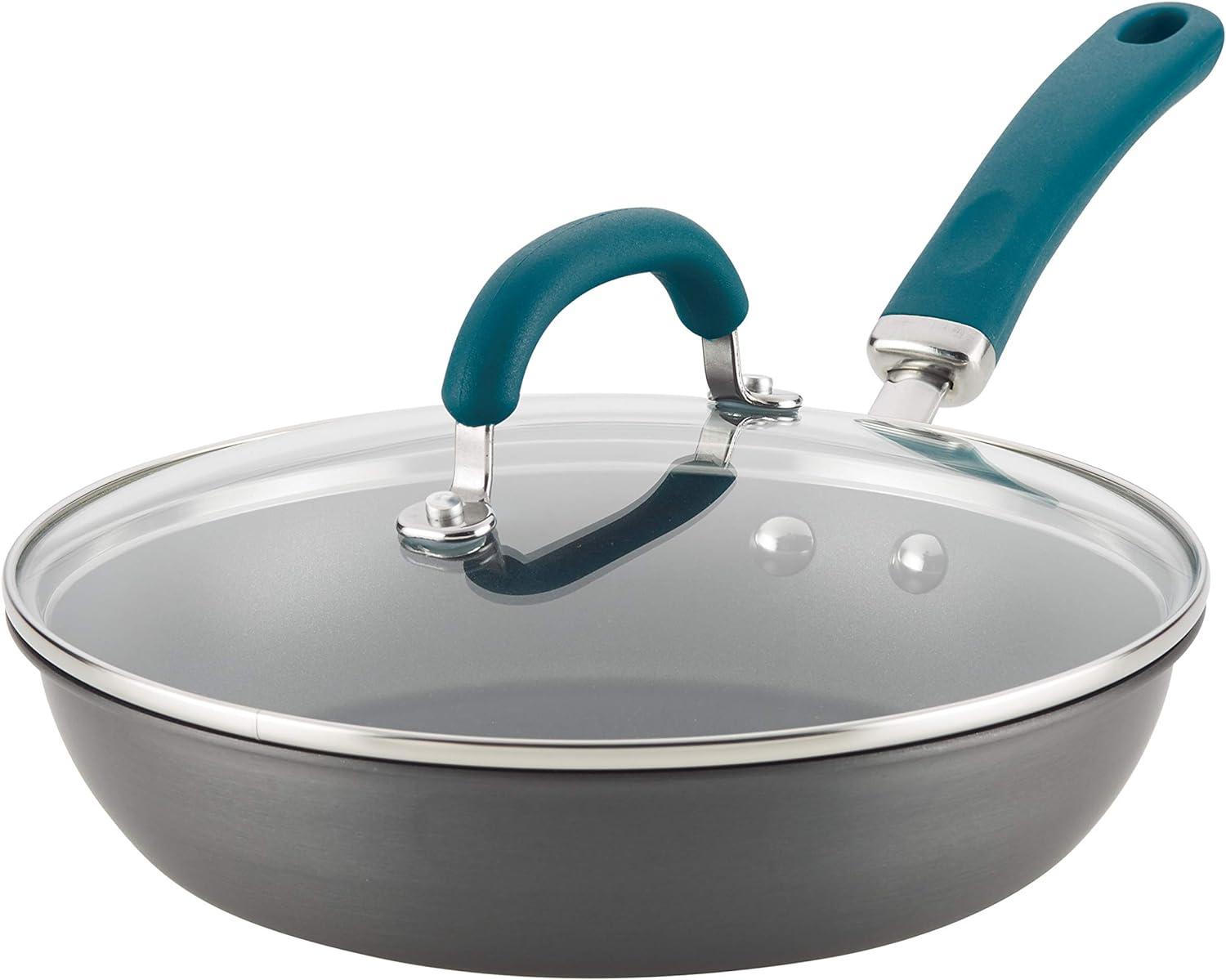 10.25" Gray Aluminum Nonstick Deep Fry Pan with Teal Handles