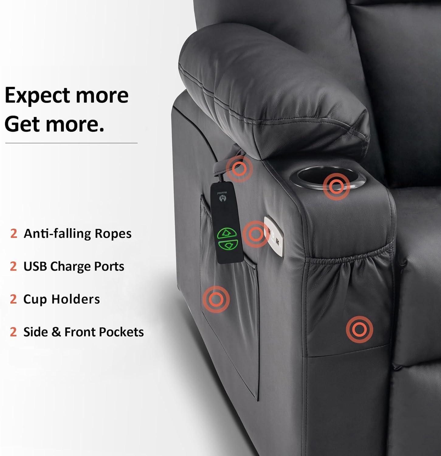 MCombo Electric Power Lift Recliner Chair with Extended Footrest for Elderly People, 3 Positions, Hand Remote Control, 2 Cup Holders, USB Ports, Faux Leather 7507 Black