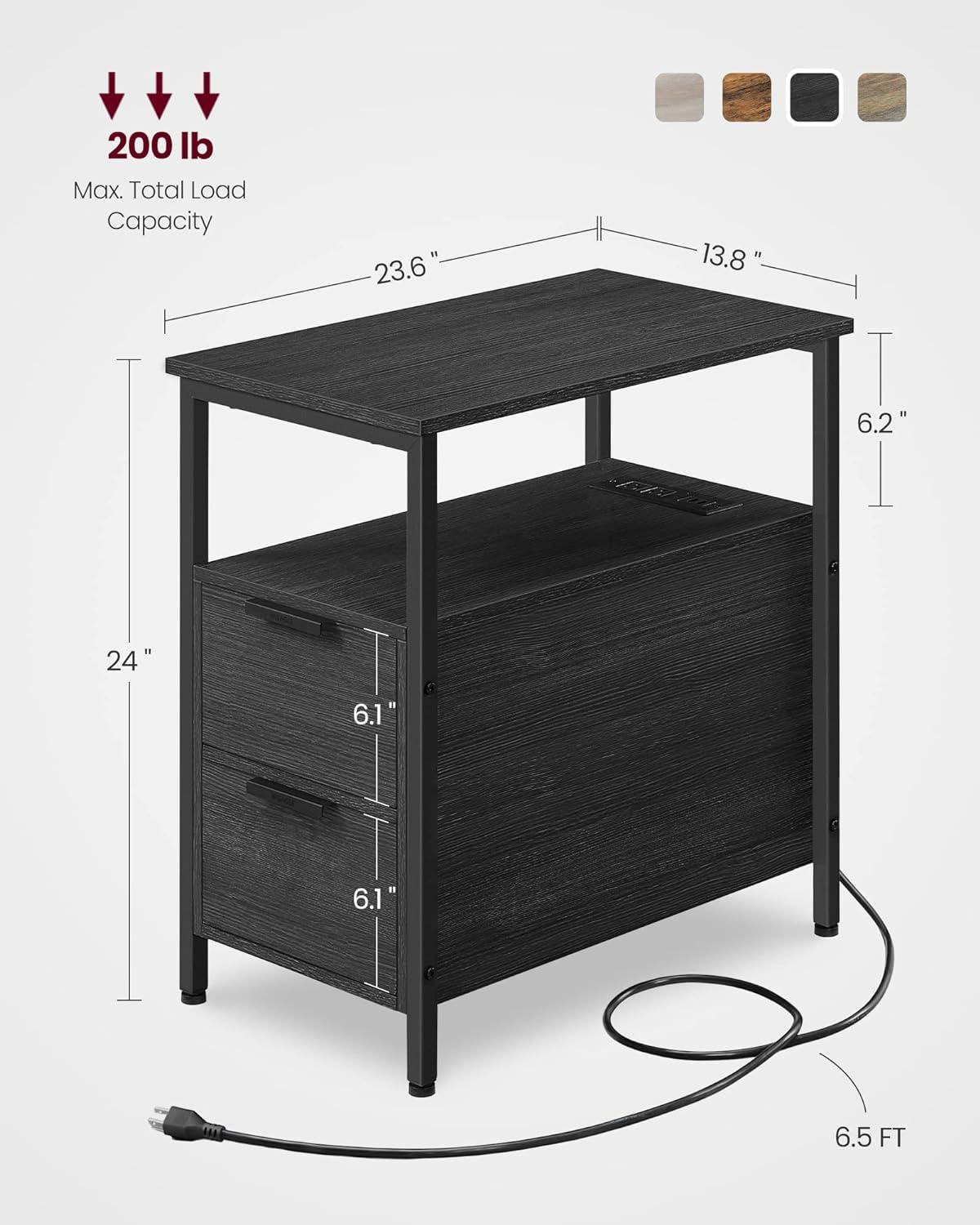 Side Table with Charging Station, Narrow End Table with 2 Drawers, Slim Nightstand and Bedside Table with Storage, for Small Spaces, Black ULET321B22