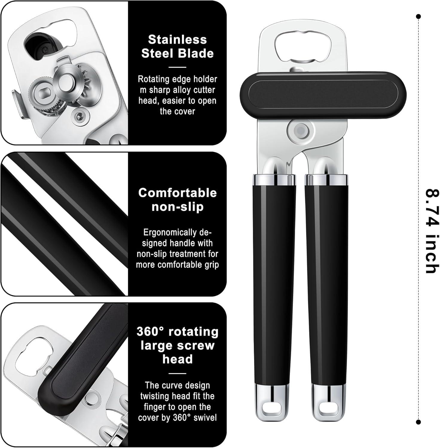 Urbanstrive XL Large Heavy Duty Can Opener Manual Smooth Edge, Hand Held Can Openers for Seniors, Stainless Steel, Comfortable Handle, Built-in Bottle Opener, 8.66 inch (Black)