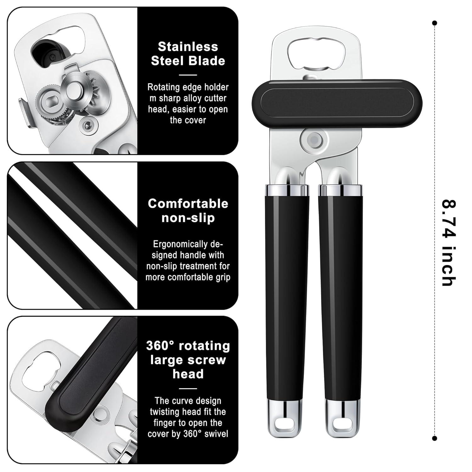 Urbanstrive XL Large Heavy Duty Can Opener Manual Smooth Edge, Hand Held Can Openers for Seniors, Stainless Steel, Comfortable Handle, Built-in Bottle Opener, 8.66 inch (Black)