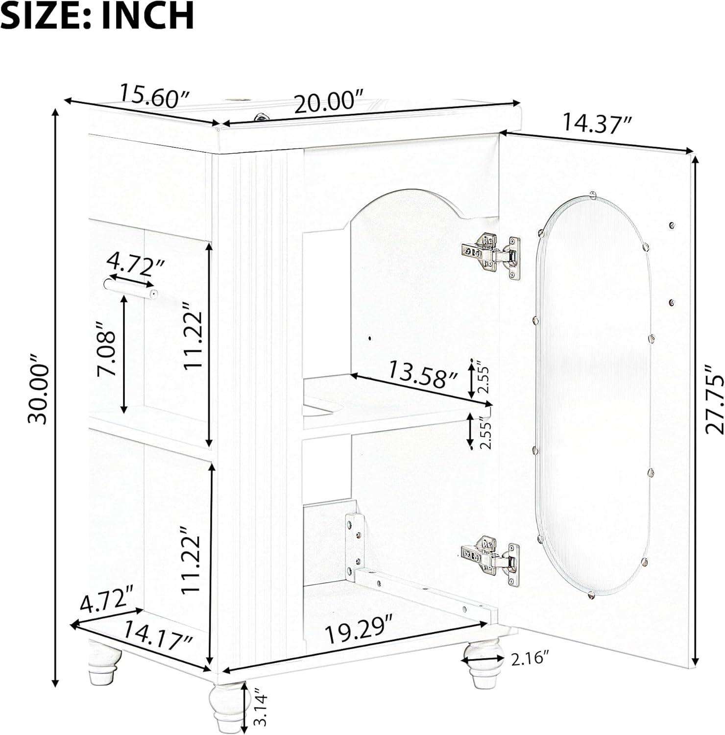 White Freestanding Small Bathroom Vanity with Glass Door and Shelves