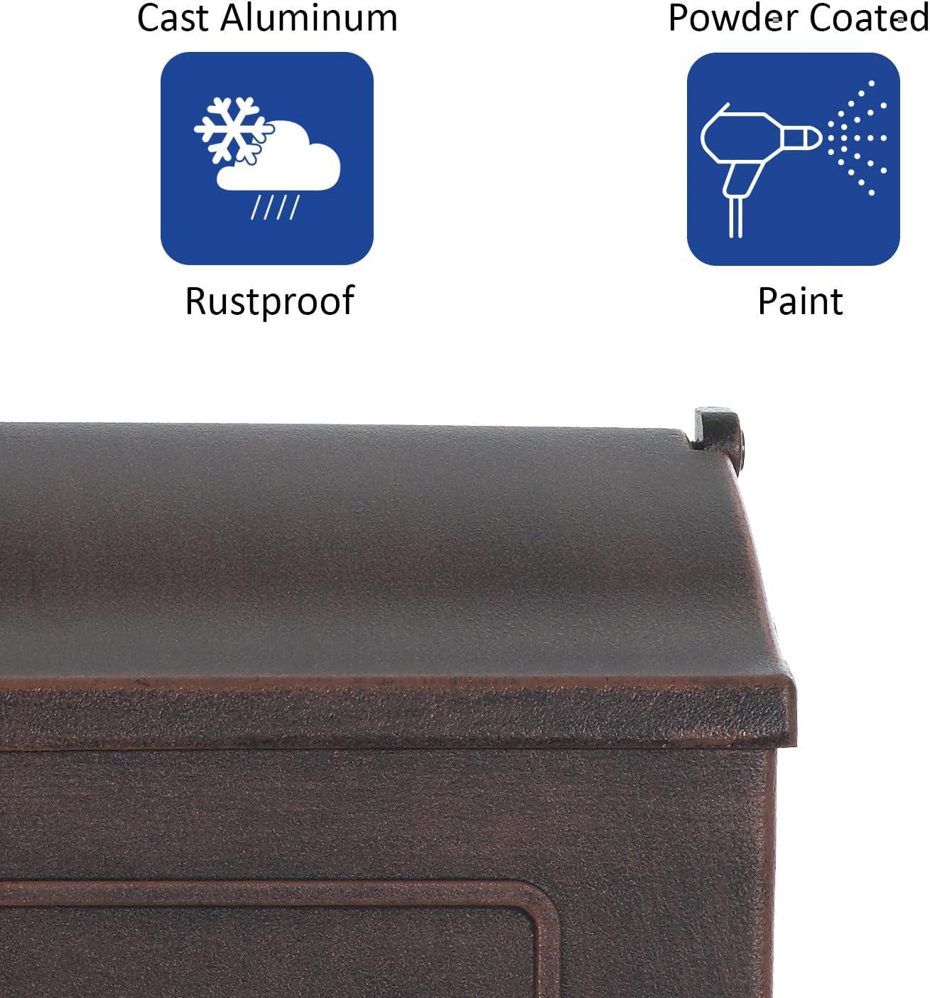 Cast Aluminum Metal Mailbox with Newspaper Hooks, Easy to Install Wall Mount, Heavy Duty, Rustproof Powder Coated Paint, Horizontal Mail Box for Outside House Porch - 16” x 4.25” x 8.25” (Black)