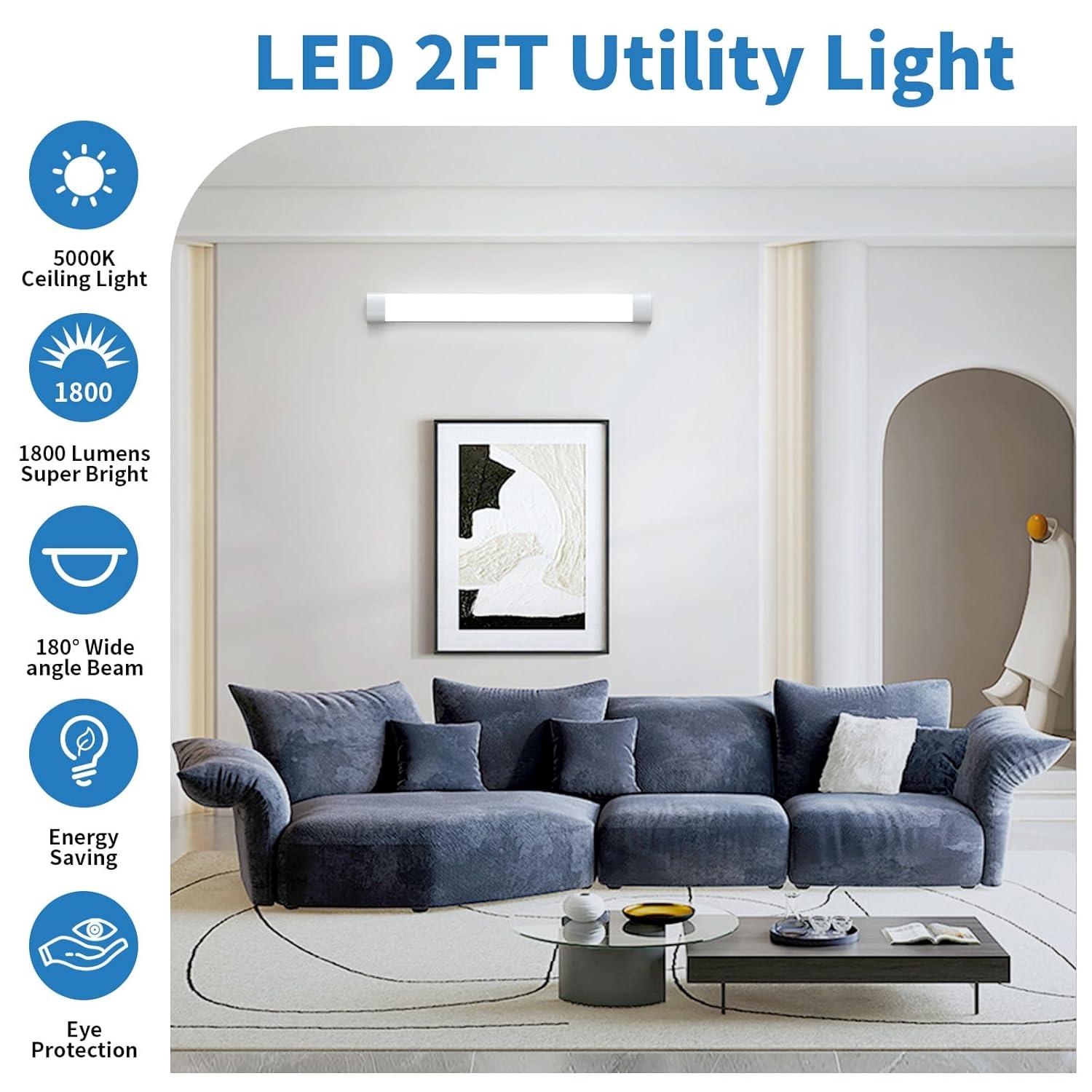 Airand Utility LED Light with Plug 2PCS Linkable Fixture 2FT 4FT Water-Proof Tube Light 5000K Under Cabinet Lighting,LED Closet Lights 18W for Workbench Kitchen Garage Workshop