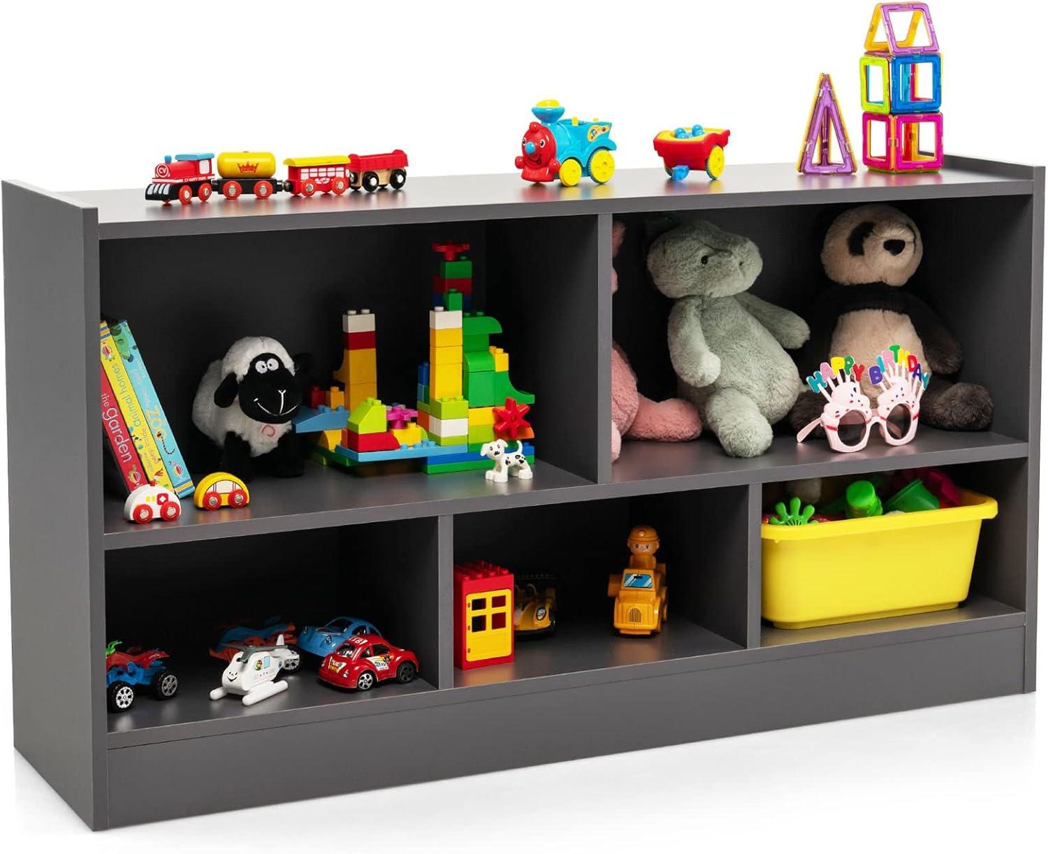 Costway Kids 2-Shelf Bookcase 5-Cube Wood Toy Storage Cabinet Organizer Grey
