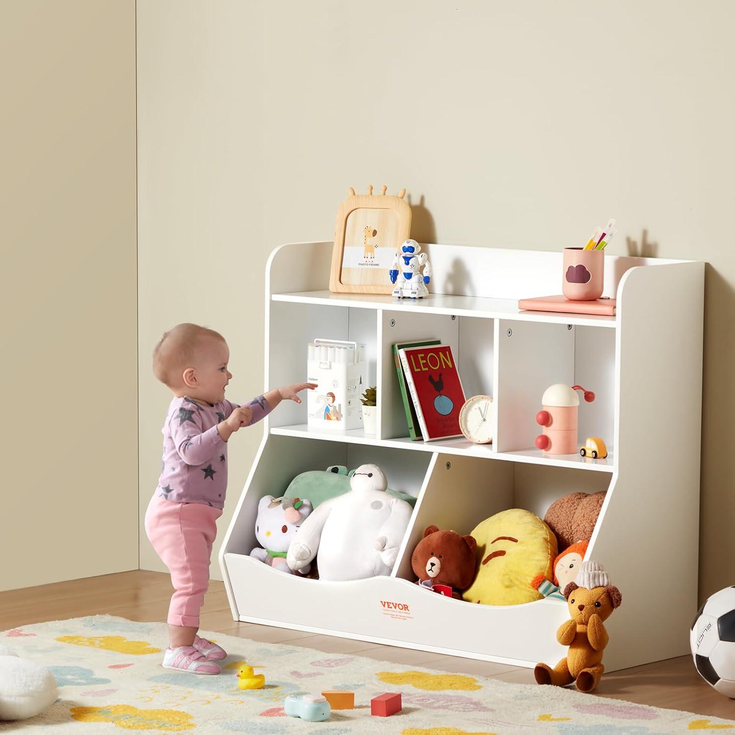 White 35" Kids Toy Storage Organizer with Bookshelf