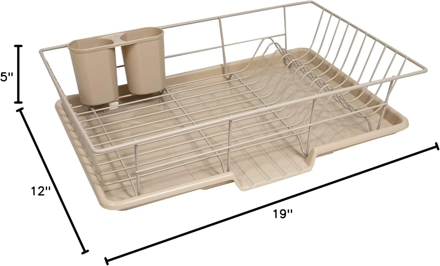 Beige Metal 3-Piece Dish Drainer Rack with Utensil Cup