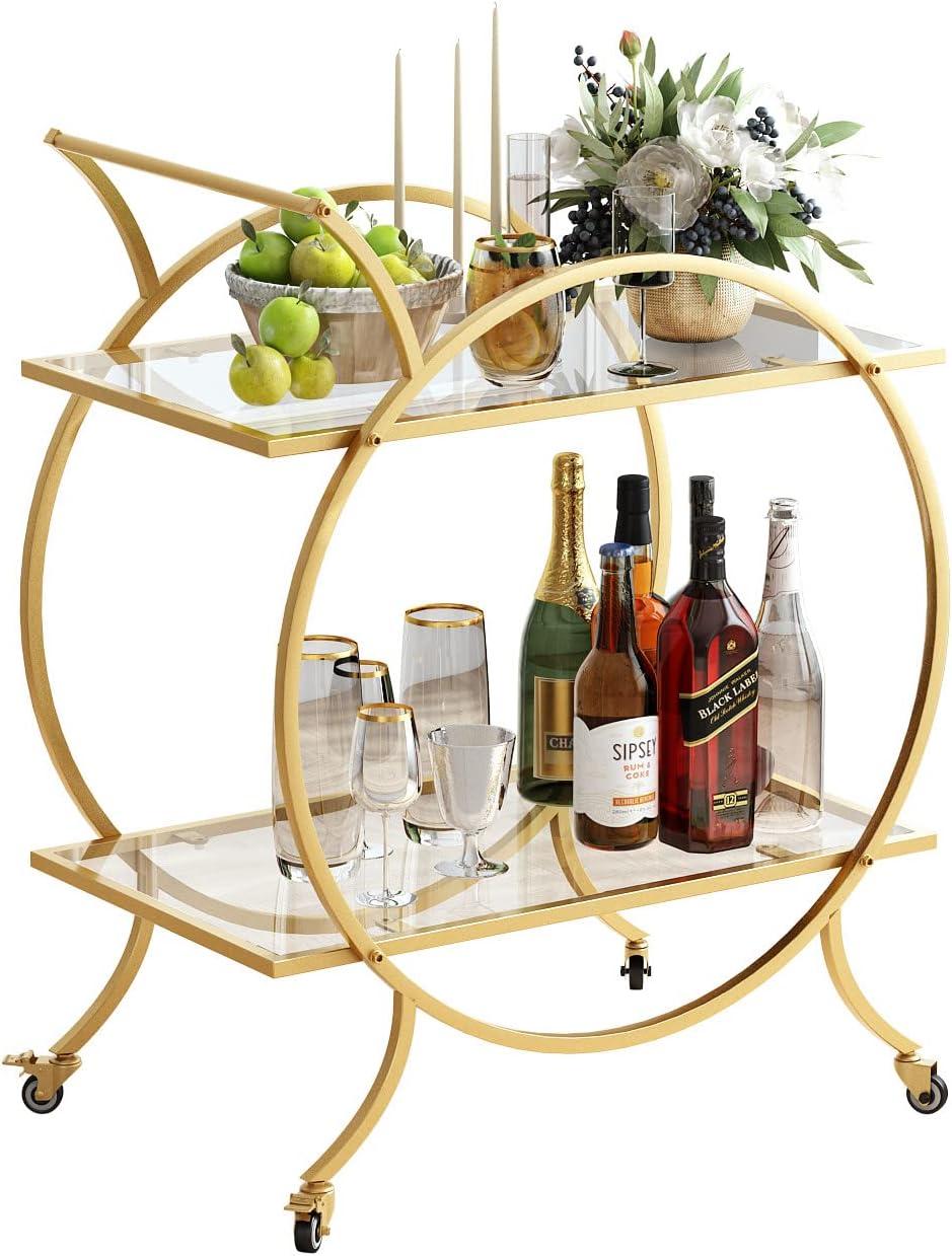 Gold Round Metal and Glass 2-Tier Bar Cart