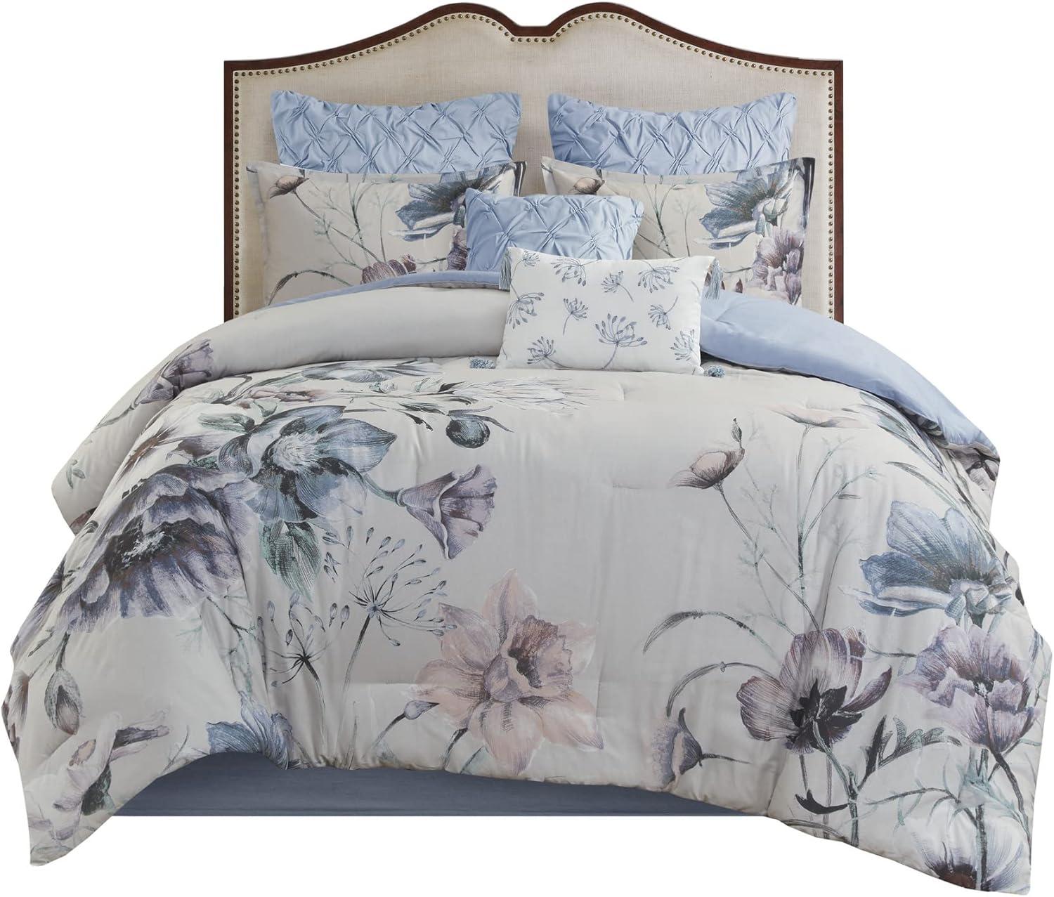 Cassandra Shabby Chic Queen Cotton Comforter Set in Soft Blue