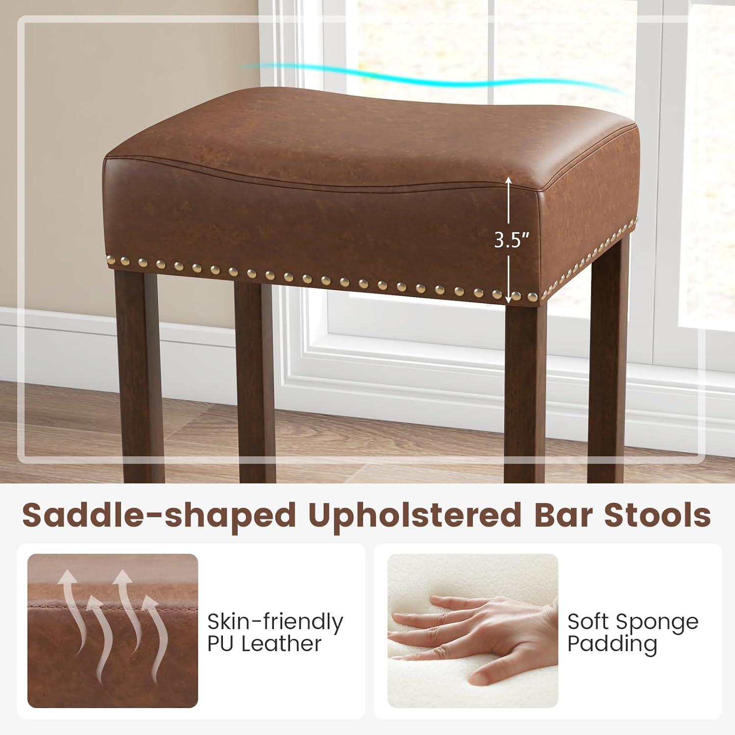 Resenkos Upholstered Bar Stools Set of 2 with Footrests for Counter-Brown, Bar Height Stools, Bar Stools for Kitchen Island for Kitchen, Dining Room